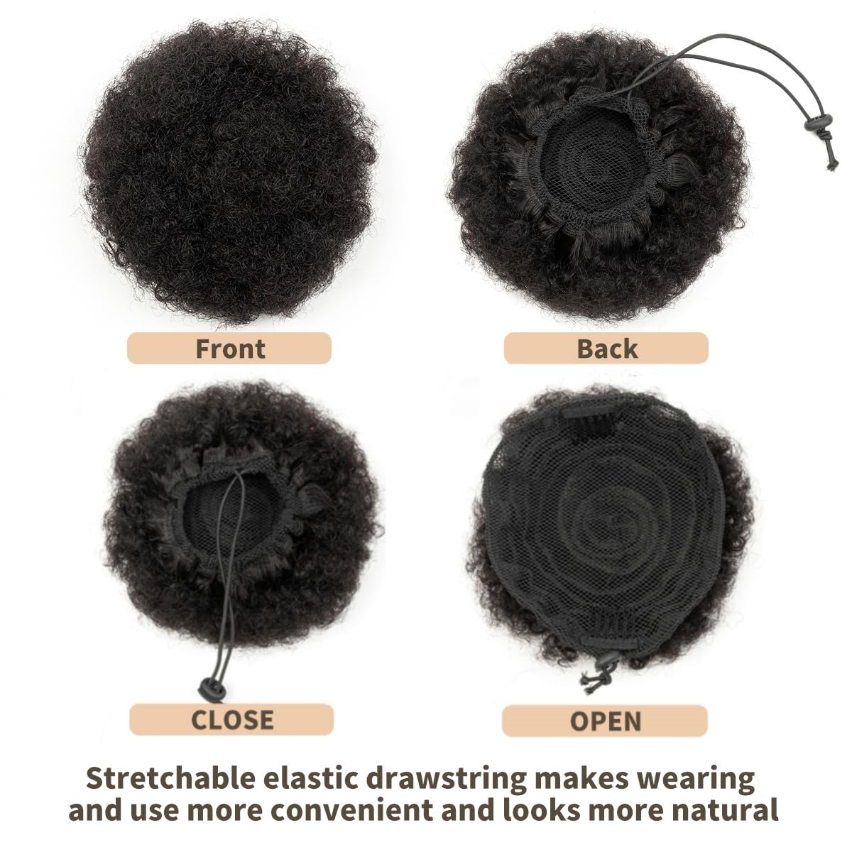 Boymia Afro Puff Drawstring Ponytail Human Hair #1 Jet Black 6 Inch Kinky Curly Bun Hair Genuine Human Hair Short Kinky Bun for Natural Hair Clip On Kinky Drawstring Curly Ponytail Bun