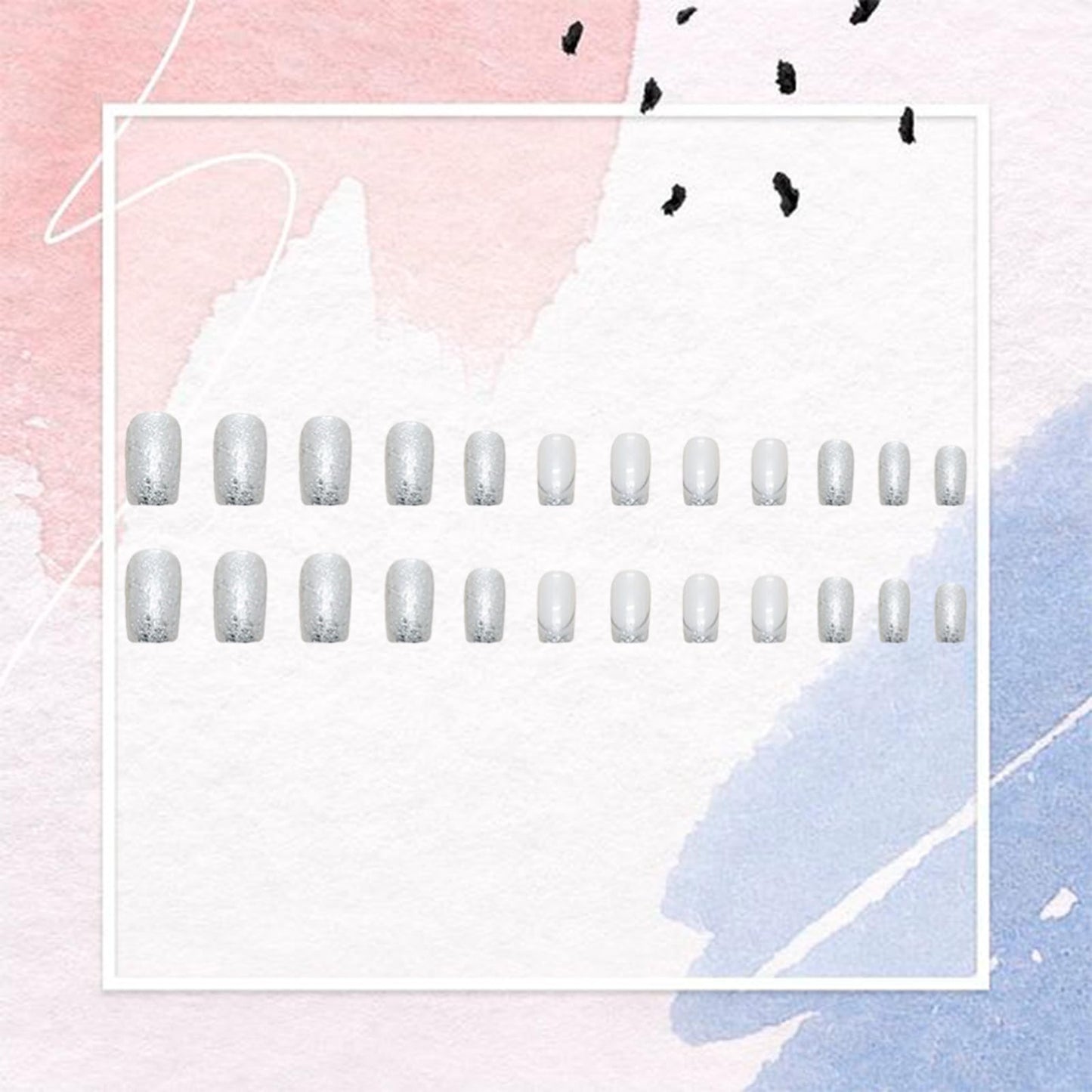 24 PCS French Tip Press on Nails Medium Square Fake Nails Silver Glitter Full Cover Glue on Nails Bling Sequins False Nails Reusable Artificial Nails for Women DIY Manicure Decoration Stick on Nails