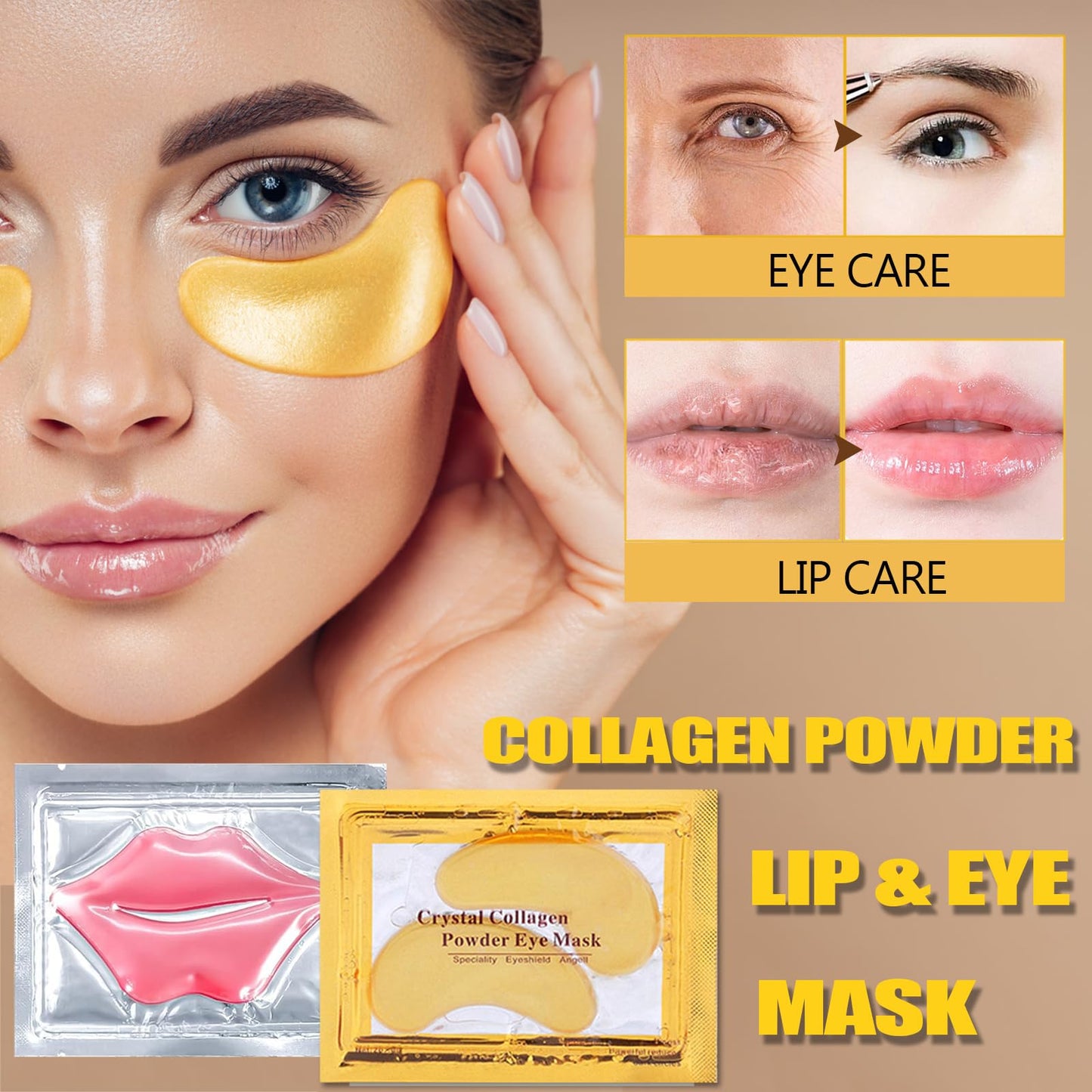 30 Pairs 24K Gold Eye Masks & Lip Masks,Crystal Collagen Eye Patches for Puffy Eyes, Effectively Moisturizing Lip & Eye Skin Care Reducing Fine Lines Dark Circleeye Patches