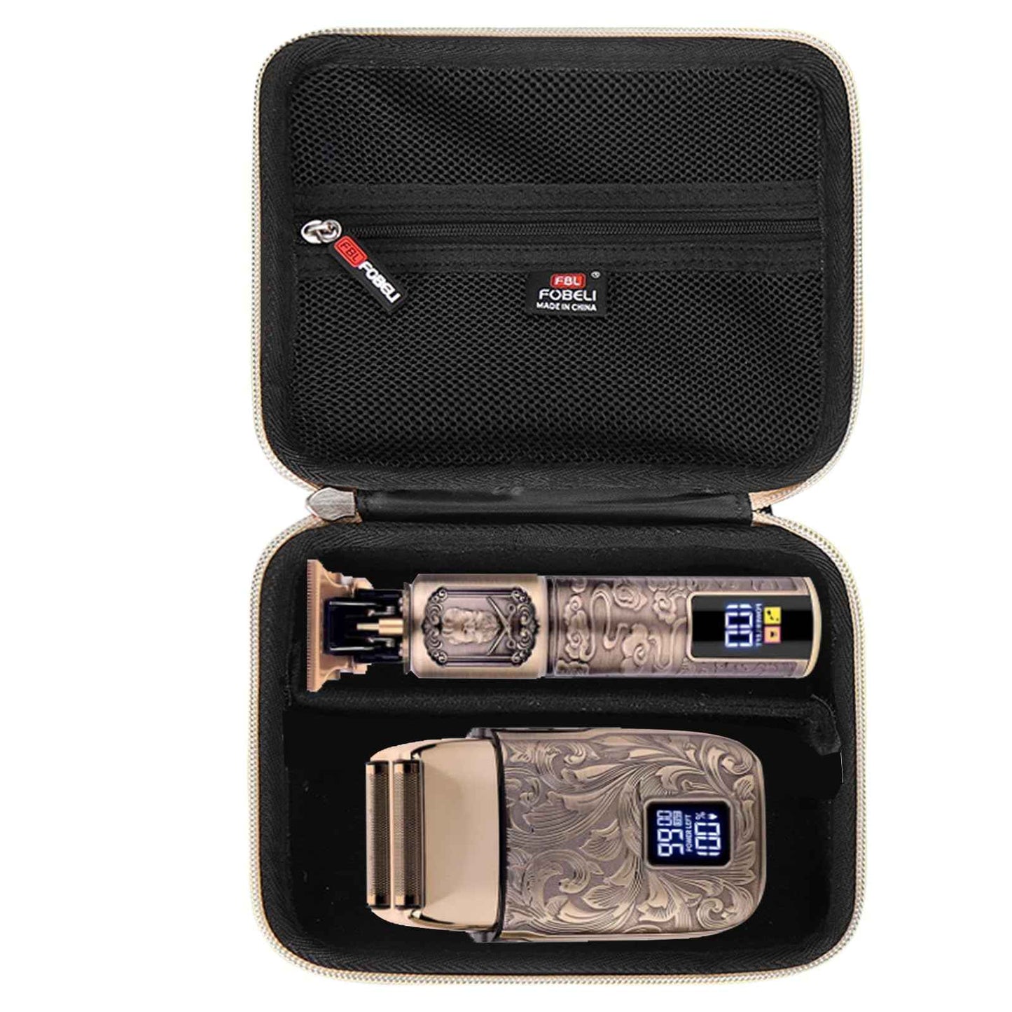 FBLFOBELI EVA Hard Storage Case for Ufree/for Brightup FK-8788T/ for Wahl 9916-817V Electric Razor Foil Shavers for Men, Hair Beard Trimmer Grooming Shaving Kit Storage Holder (Black+Gold Zipper)