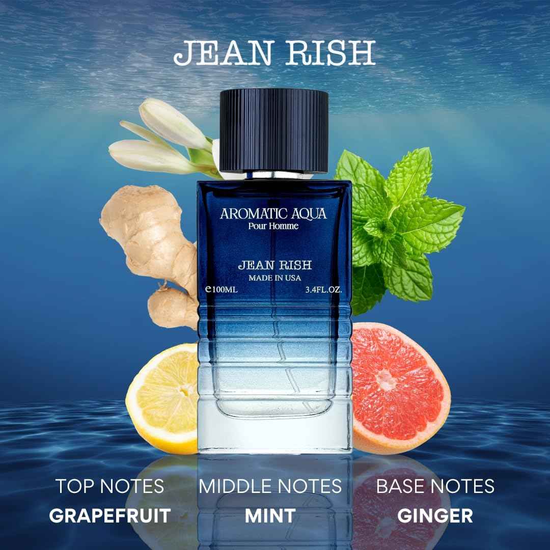 Jean Rish Aromatic Aqua Pour Homme, Eau de Parfum (3.4 Fl Oz / 100ml) with Grapefruit, Mint and Ginger Notes - Long Lasting and Luxury Fragrance, Made in USA