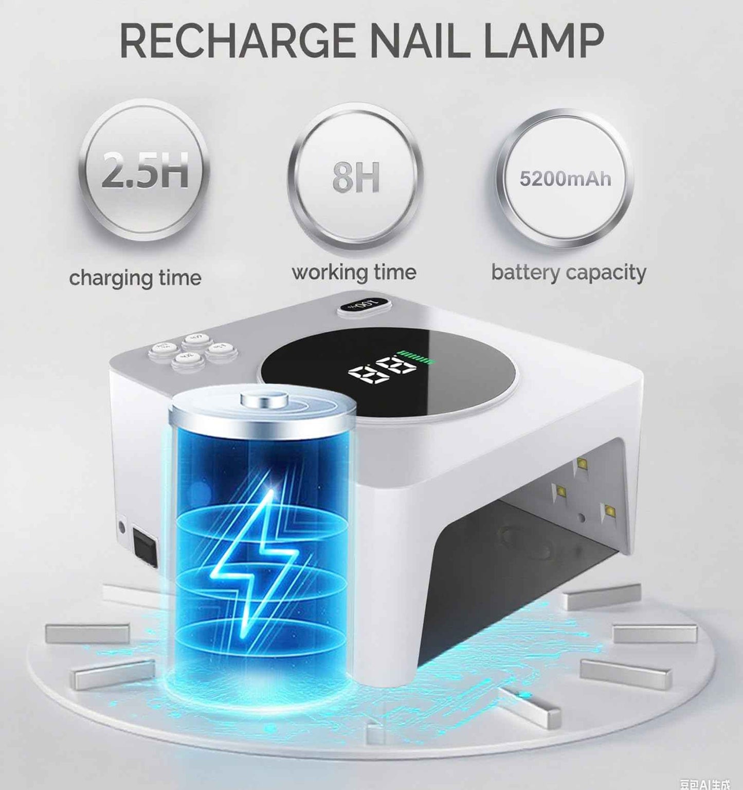 Cordless UV LED Nail Lamp - ETL Certified Rechargeable Gel Nail Dryer with 8H Runtime (2H Fast Charge), 45 LED Beads, 2nd Gen Crystal Lamp Beads, Removable Reflective Base & 4 Timers