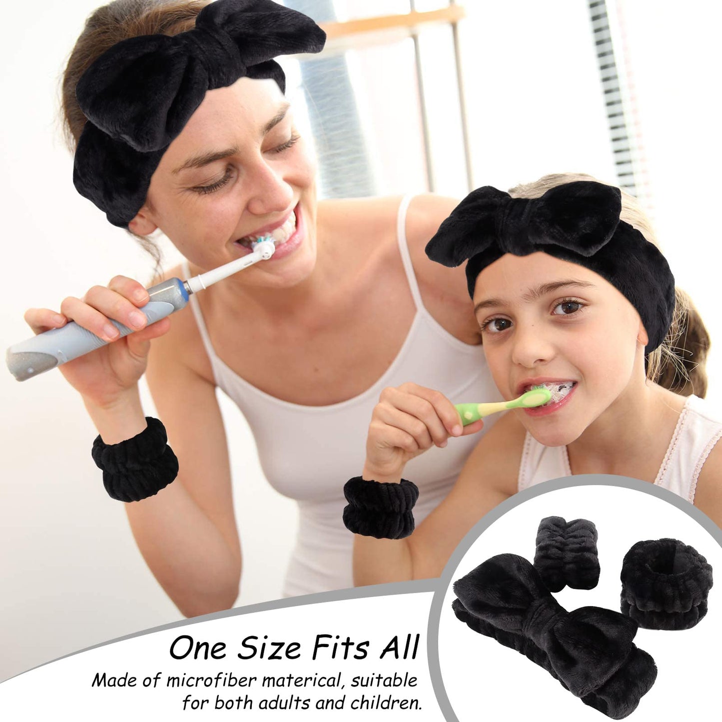 AMCAMI 6 PCS Spa Headband with Wrist Washband Face Wash Set, Makeup Headband and Wristband Towel Scrunchies for Washing Face, Skincare Headband Sleepover Party Supplies for Girls(Black)