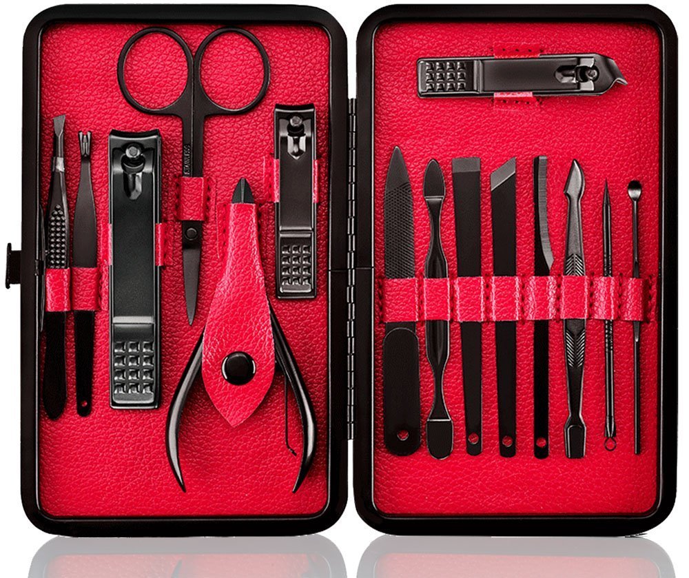 Manicure Set Nail Clipper Set -15 Piece Stainless Steel Nail Care Tools -Fingernail Clippers, Toenail Clippers - Portable Travel&Grooming Kit Tools (Red)