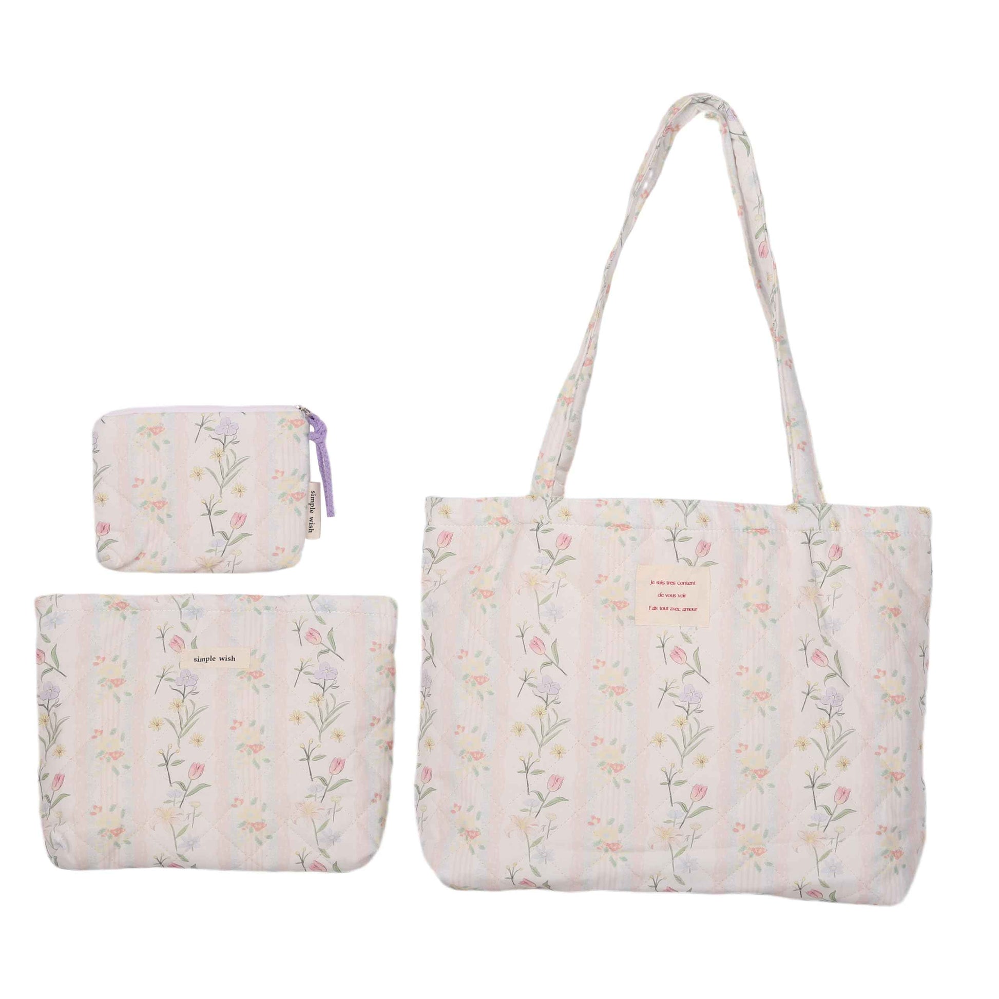 MSGHER Floral Quilted Cotton Shoulder Bag Set 3-in-1 Handbag with Matching Mini Pouch Cosmetic Bag Large Capacity Tote A053 (Striped floral)