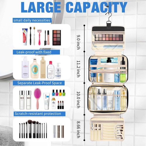 Bbtops Toiletry Bag for Women, Large Hanging Travel Toiletry Bag with Hanging Hook,Water-resistant Makeup Bag Cosmetic Organizer for Full Sized Toiletries, Accessories(Black)