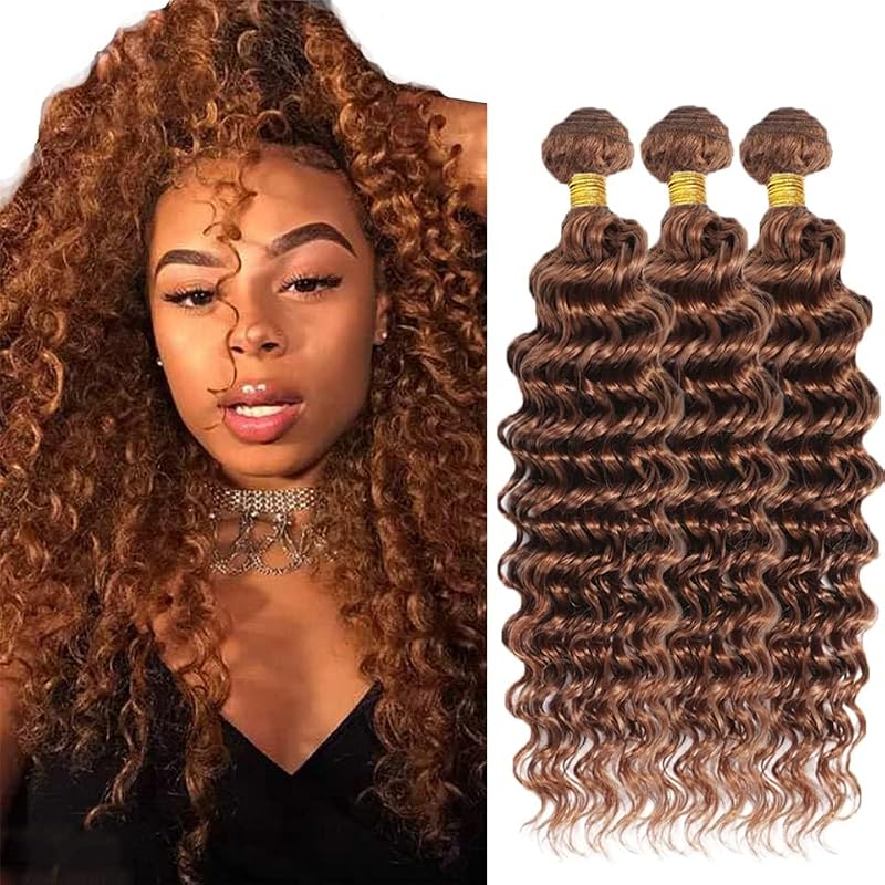 GTaiiReu #30 Brown Deep Wave Hair Bundles 12/14/16 Inch 50g Each 3 Bundles Brazilian Virgin
