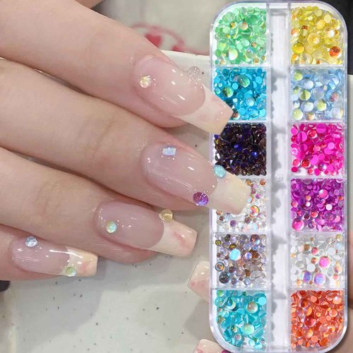 3D Bubble Nail Art Beads,12Color/Set Mixed Crystal Mermaid Beads for Nails, Nail Art Rhinestone Colorful Beads for Nails DIY Mini Pearls Aurora Glass Gems Jewelry Nail Charm DIY Manicure Accessory