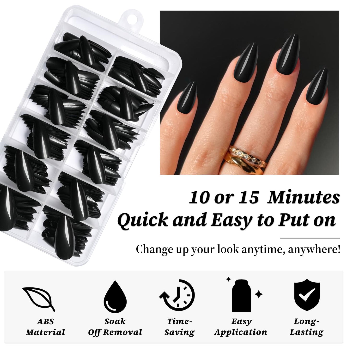 Lifextol 240PC Black Almond Press on Nails Medium Fake Nails Press ons, False Acrylic Nails Press on Nails Almond Glue on Nails Artificial Nail Tips Fingernails Stick on Nails with Glue&Adhesive Tabs