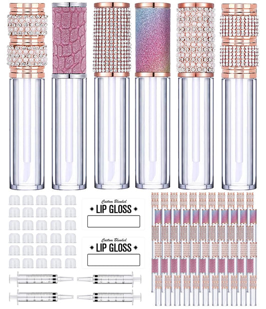 AMORIX 24 Pack 5ml Lip Gloss Tubes with Wand Multi-styles Rhinestone Lip Gloss Containers Crystal Lip Gloss Supplies Kit + 2pcs Syringes + Labels for DIY Lip Gloss Base