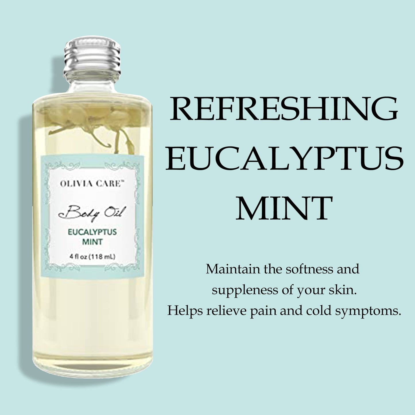 Olivia Care Body Oil Eucalyptus Mint Vegan & Natural | Hydrating & Moisturizing - Infused with VITAMIN E, K & Omega Fatty Acids - Reduce Dry Skin, Anti-Aging Properties (Eucalyptus Mint)