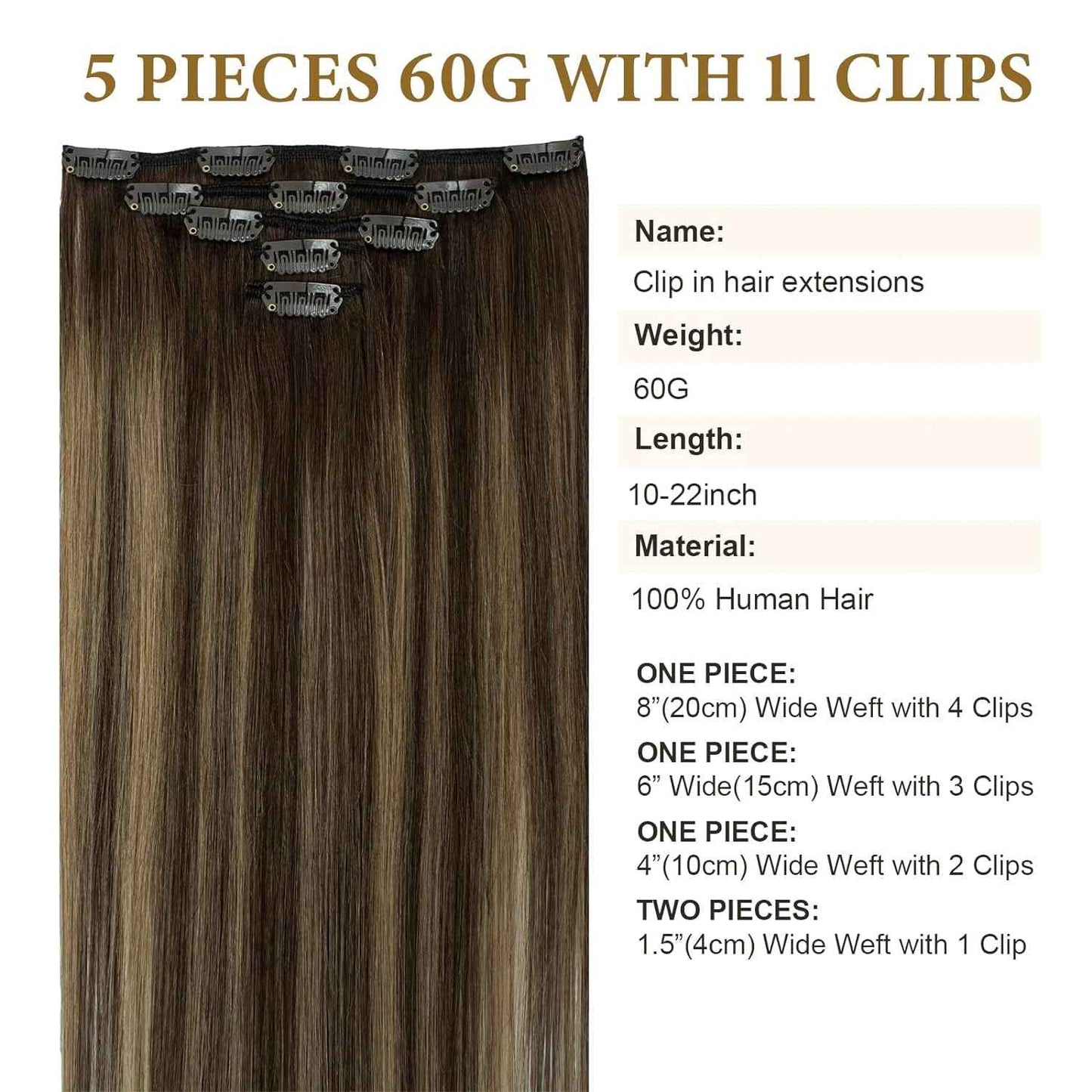 Balayage Clip in Real Human Hair Extensions Ombre Chocolate Brown to Caramel Blonde Natural Silky Straight Clip on Hair Extensions Double Weft Remy Brazilian Clip ins Hair 14 Inch 60G 5 PCS