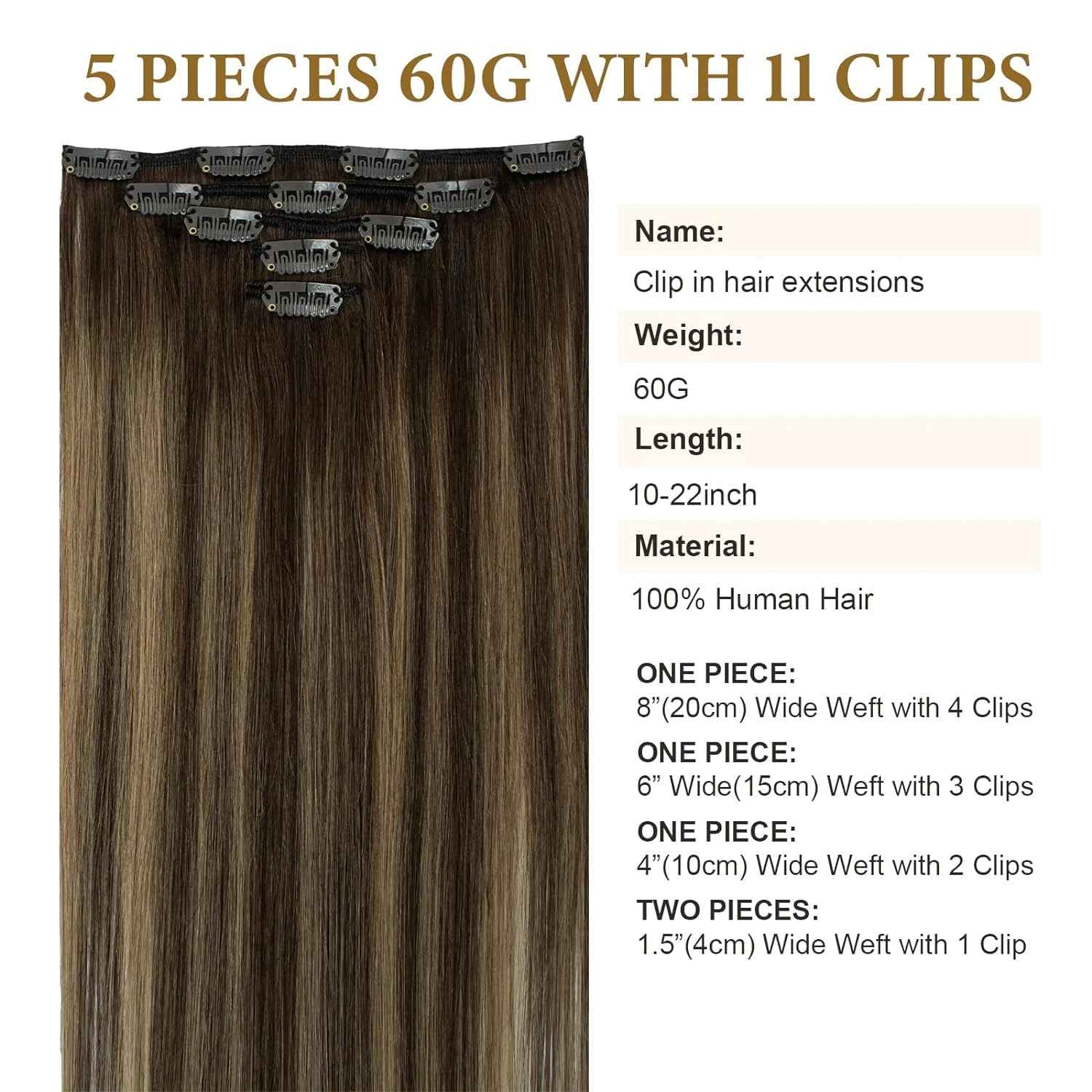 Balayage Clip in Real Human Hair Extensions Ombre Chocolate Brown to Caramel Blonde Natural Silky Straight Clip on Hair Extensions Double Weft Remy Brazilian Clip ins Hair 14 Inch 60G 5 PCS