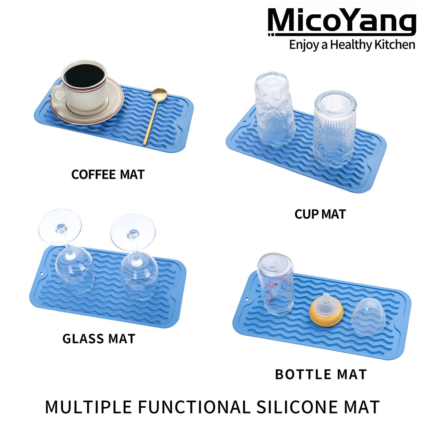 MicoYang Silicone Dish Drying Mat for Multiple Usage,Easy clean,Eco-friendly,Heat-resistant Silicone Mat for Kitchen Counter,Sink,Bar,Bottle,or Cup Lichen Blue S 12 inches x 6 inches