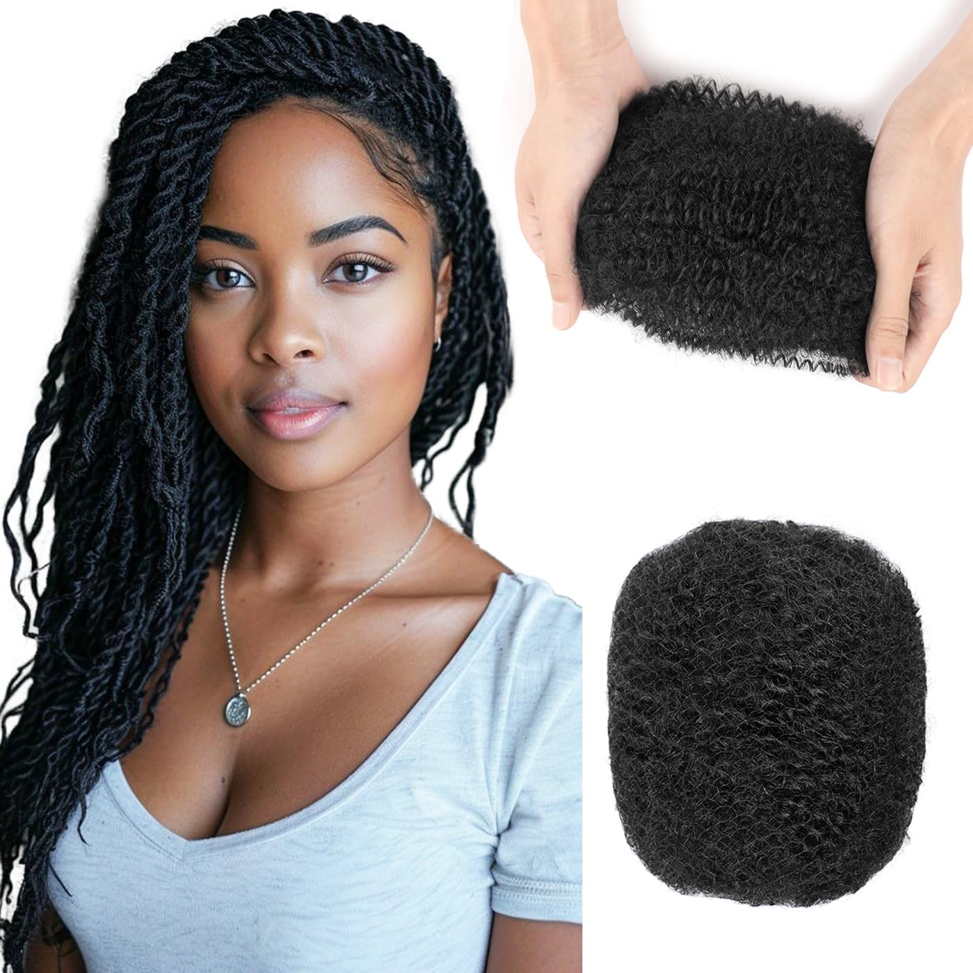 BangkeBeauty Afro Kinkys Bulk Human Hair 14 Inch Afro Kinkys Bulk 100% Human Hair for Dreadlock Extensions,Repair Locs,Braiding Twists,Afro Kinky Bulk Can be Dyed and Bleached(1B, 14inch)