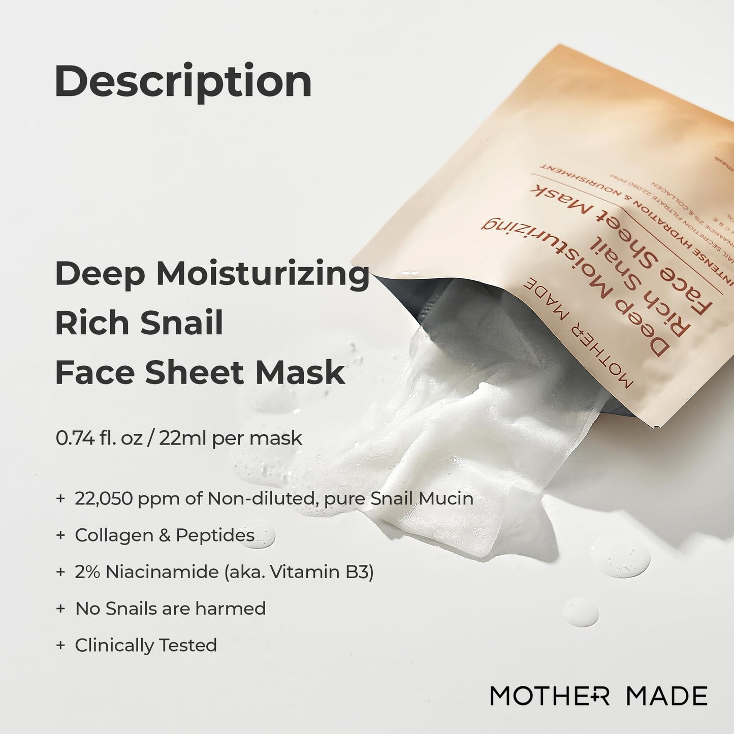 MOTHER MADE Moisturizing Snail Mucin Face Masks 20EA, 22,050ppm Snail Secretion Filtrate, Collagen, Niacinamide 2%, Vitamin C&E | Snail Serum Sheet Mask for Dry, Sensitive Skin, Korean Skincare