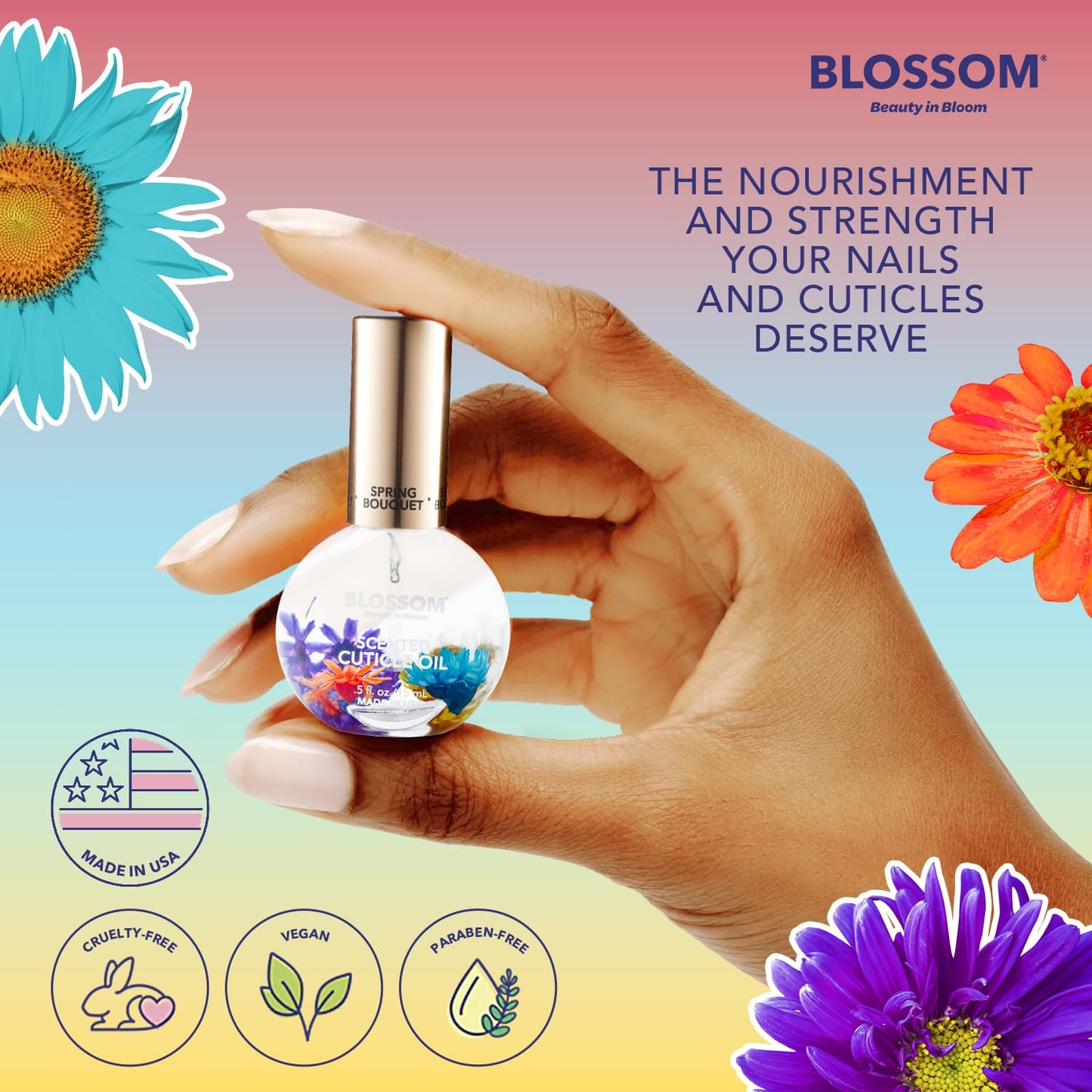 Blossom Hydrating, Moisturizing, Strengthening, Scented Cuticle Oil, Infused with Real Flowers, Made in USA, 0.5 fl. oz, Spring Bouquet