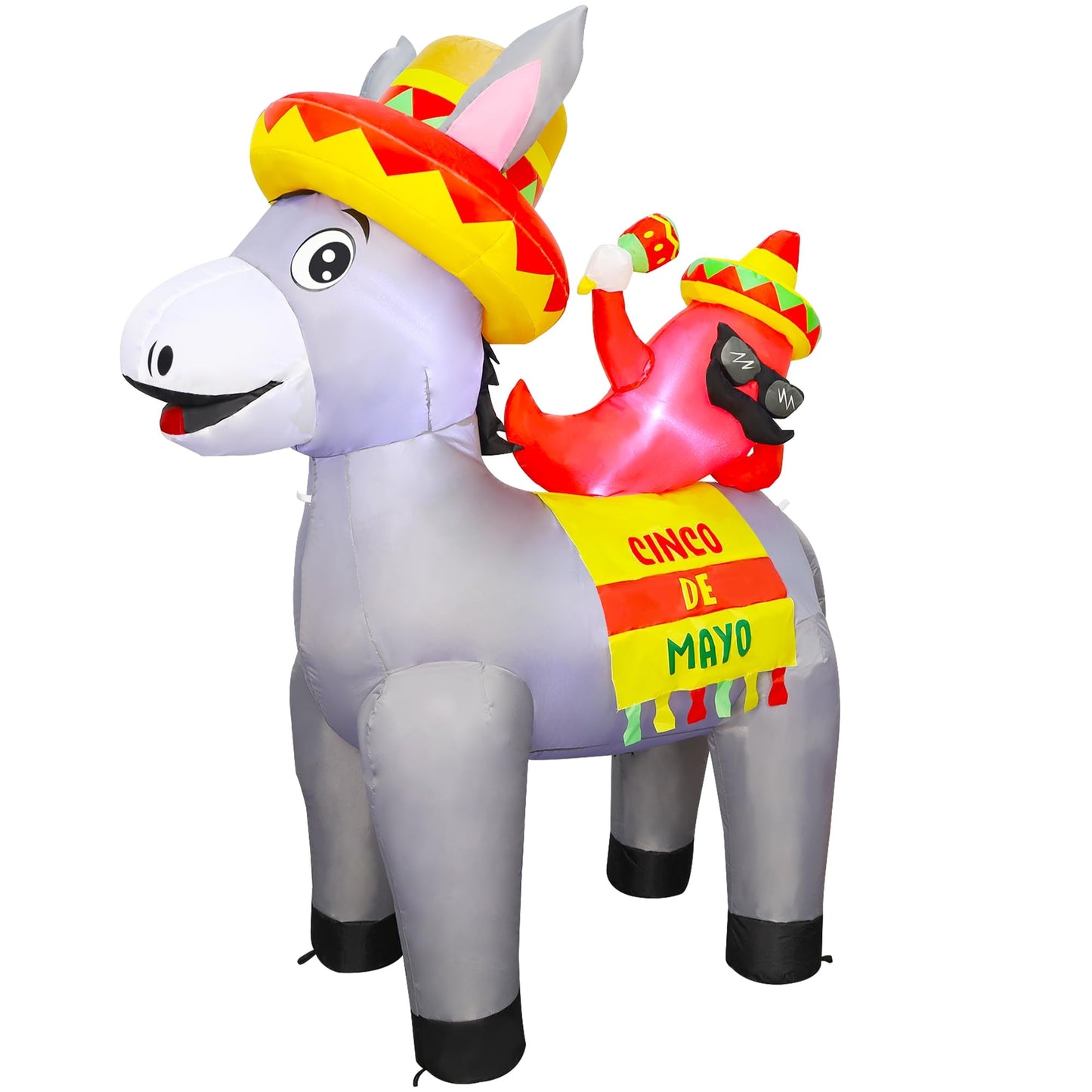 Joliyoou 5FT H Cinco de Mayo Inflatable Yard Decoration, Lighted Blow Up Donkey Carrying Mr. Chilli, Light Up Air Blown for Mexican Fiesta Fifth of May Home Garden Lawn Patio Festival Decor