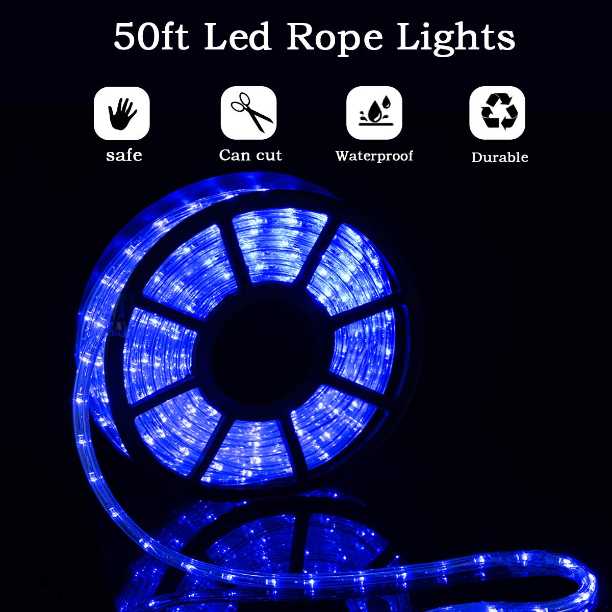 Tuanchuanrp 50Ft LED Rope Lights,Cuttable & Connectable LED Strip Lights Outdoor Waterproof Decorative Lighting for Indoor/Outdoor,Eaves,Backyards Garden,Party(Blue)