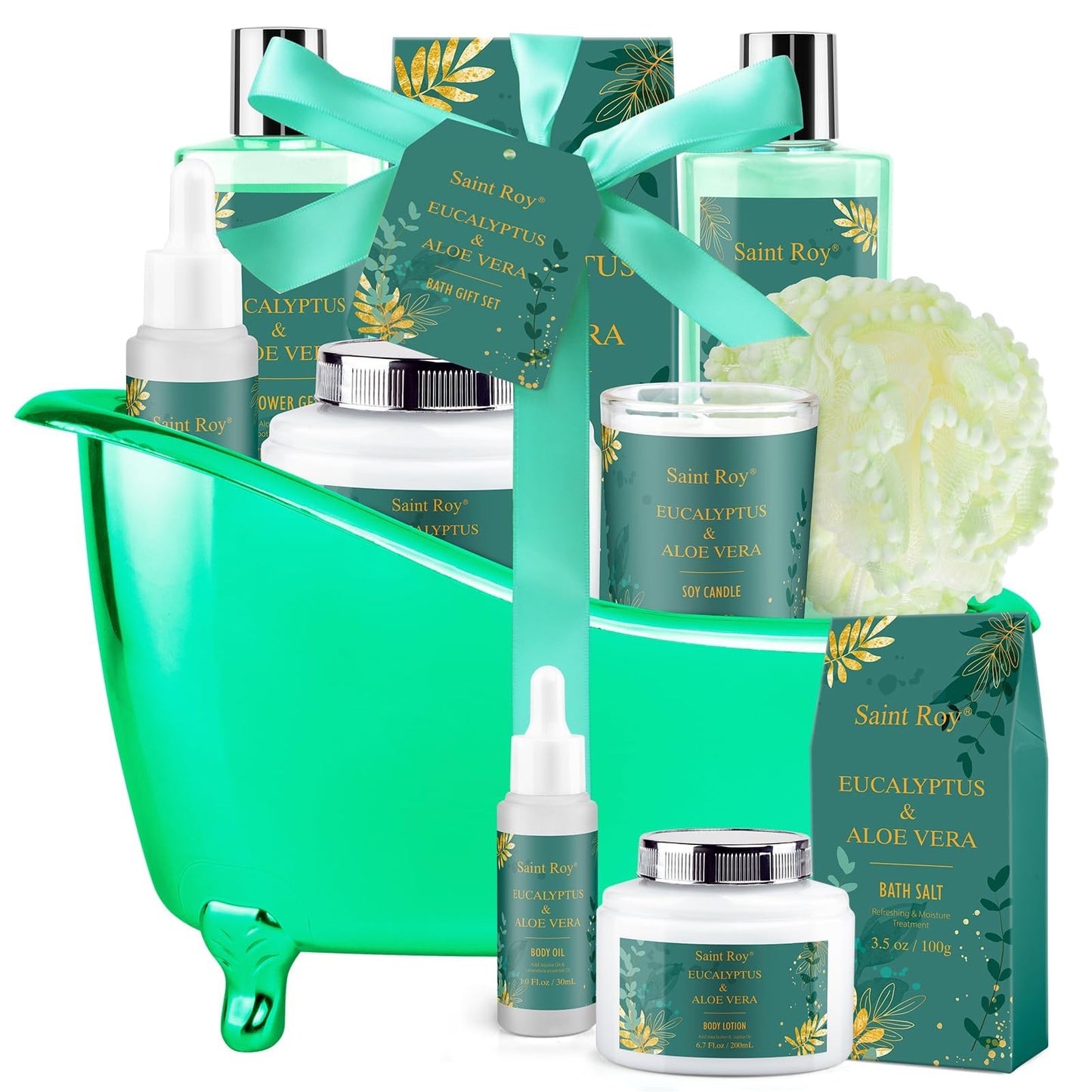 Gift Baskets for Women - Saint Roy Eucalyptus & Aloe Vera Scented Birthday Gifts for Women, include Bubble Bath for Women, Soy Candle, 8 Pcs Spa Gift Set for Her, Mother's Day