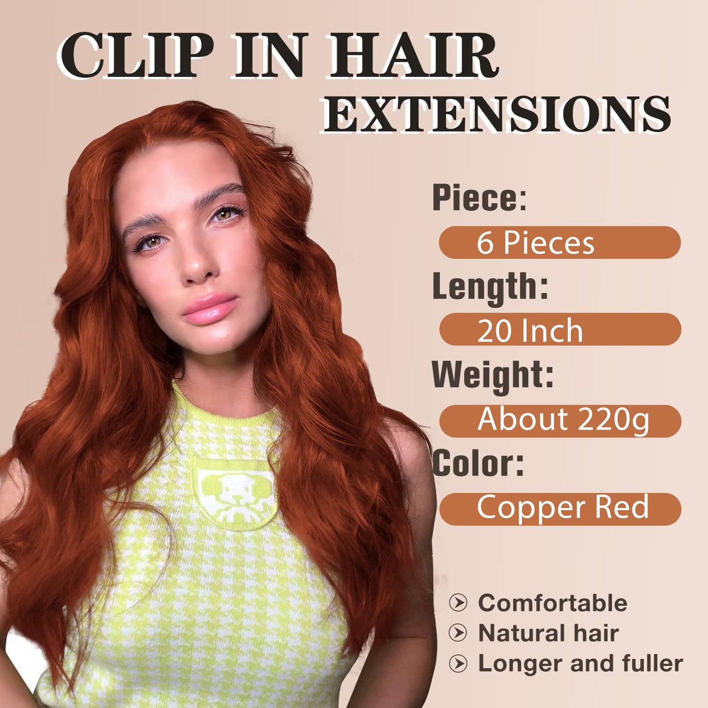 NAYOO Clip in Hair Extensions for Women 20 Inch Long Wavy Curly Copper Red Hair Extension Full Head Synthetic Hair Extension Hairpieces (6PCS, Copper Red)