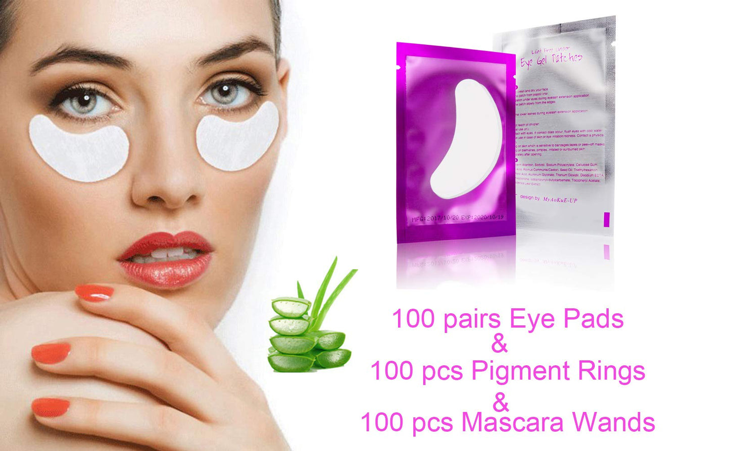 3x100 Packs Combination Set-Eye Pads for Lash Extensions & Eyelash Mascara Brushes Wands & Glue Rings Holder Eyelash Extension Rings Beauty Tools