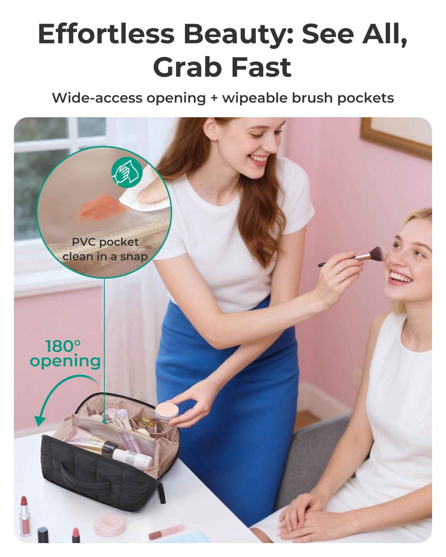 BAGSMART Travel Makeup Bag for Women, Portable Water-resistant Cosmetic Case, Puffy Padded Make Up Organizer Pouch, Open Flat Toiletry Bag for Toiletries, Brushes, Pink