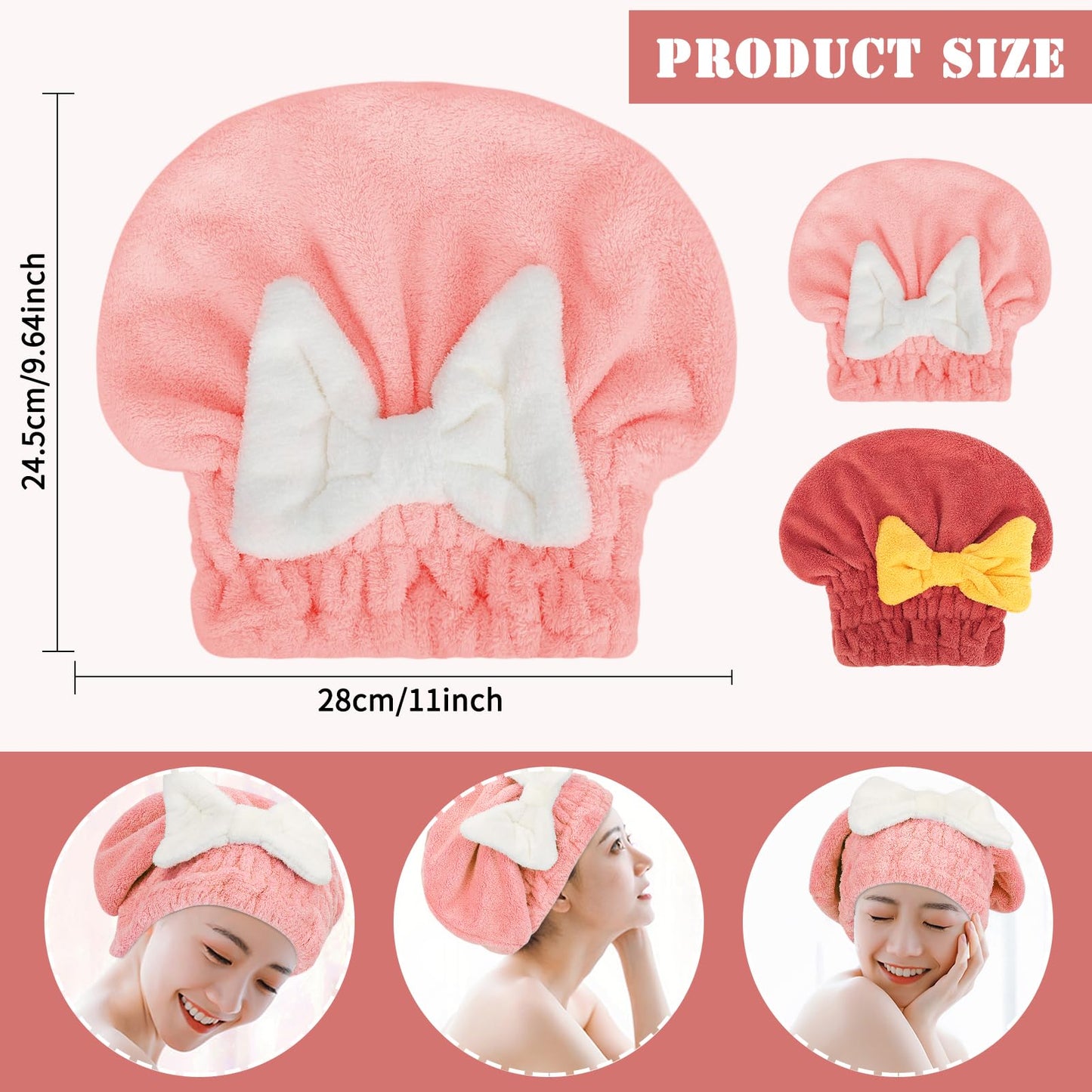 PetsHome Hair Drying Cap 2 Pack Microfiber Hair Drying Towels, Super Absorbent Head Wrap with Bowknot Shower Cap for Girls and Women-Pink+Red