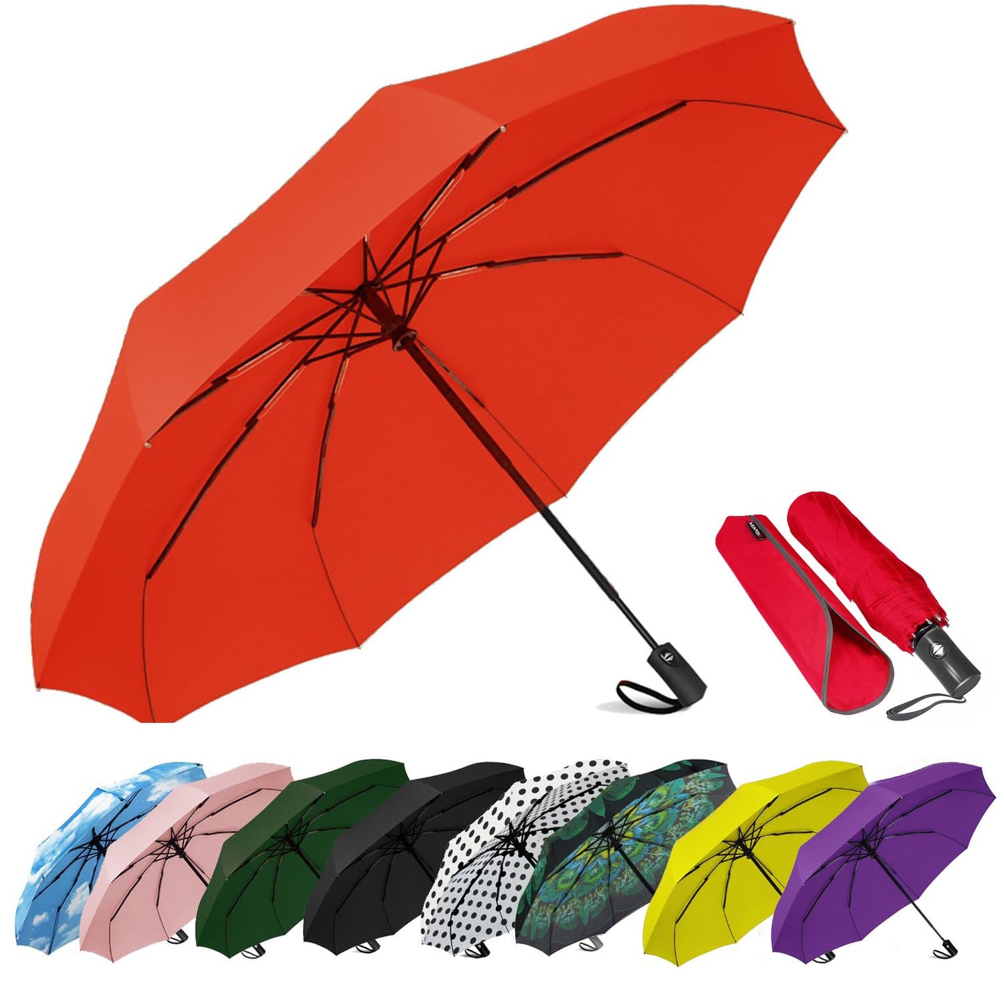 SIEPASA Windproof Travel Compact Umbrella-Automatic Umbrellas for Rain-Compact Folding Umbrella, Travel Umbrella Compact, Small Portable Windproof Umbrellas for Men Women Teenage.(Big Red)