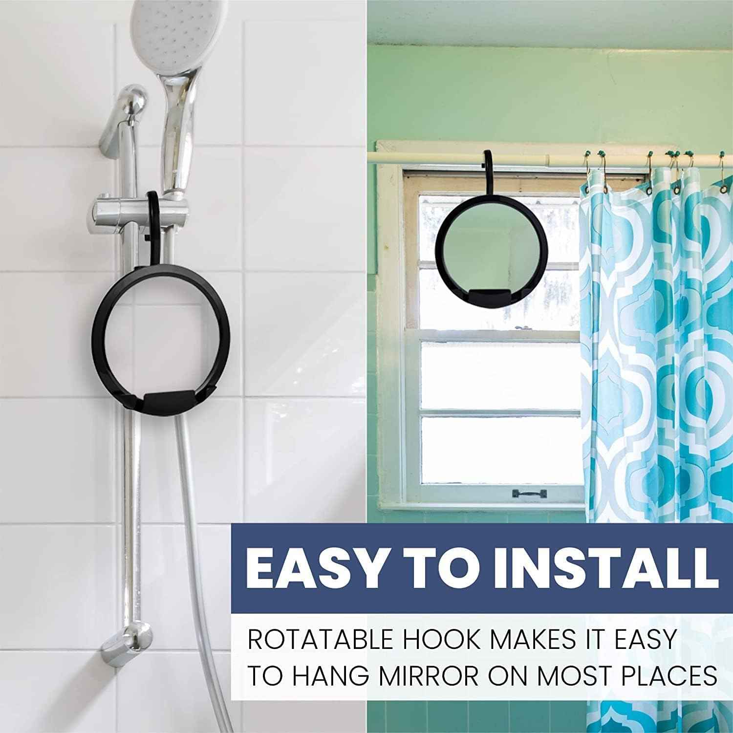 MIRRORVANA Dual Anti Fog Shower Mirror for Shaving with Hook for Hanging and Fogless Shatterproof Surface - Fill Back Chamber/Reservoir with Hot Water for Fog Free Shave (8" Diameter, Black)