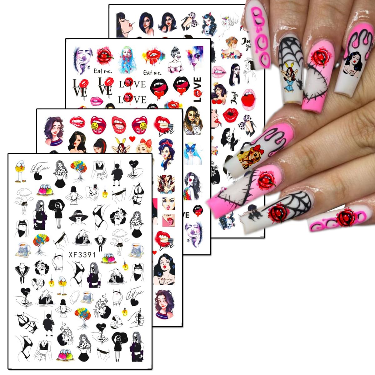 12Sheets Bad Girl Nail Art Stickers Self-Adhesive Sticker Sexy Lips Rose Bear Transfer Decals and Beautiful Girl Cartoon Design Nail Art Stickers Nail Art for Women Supplies Charms Decorations