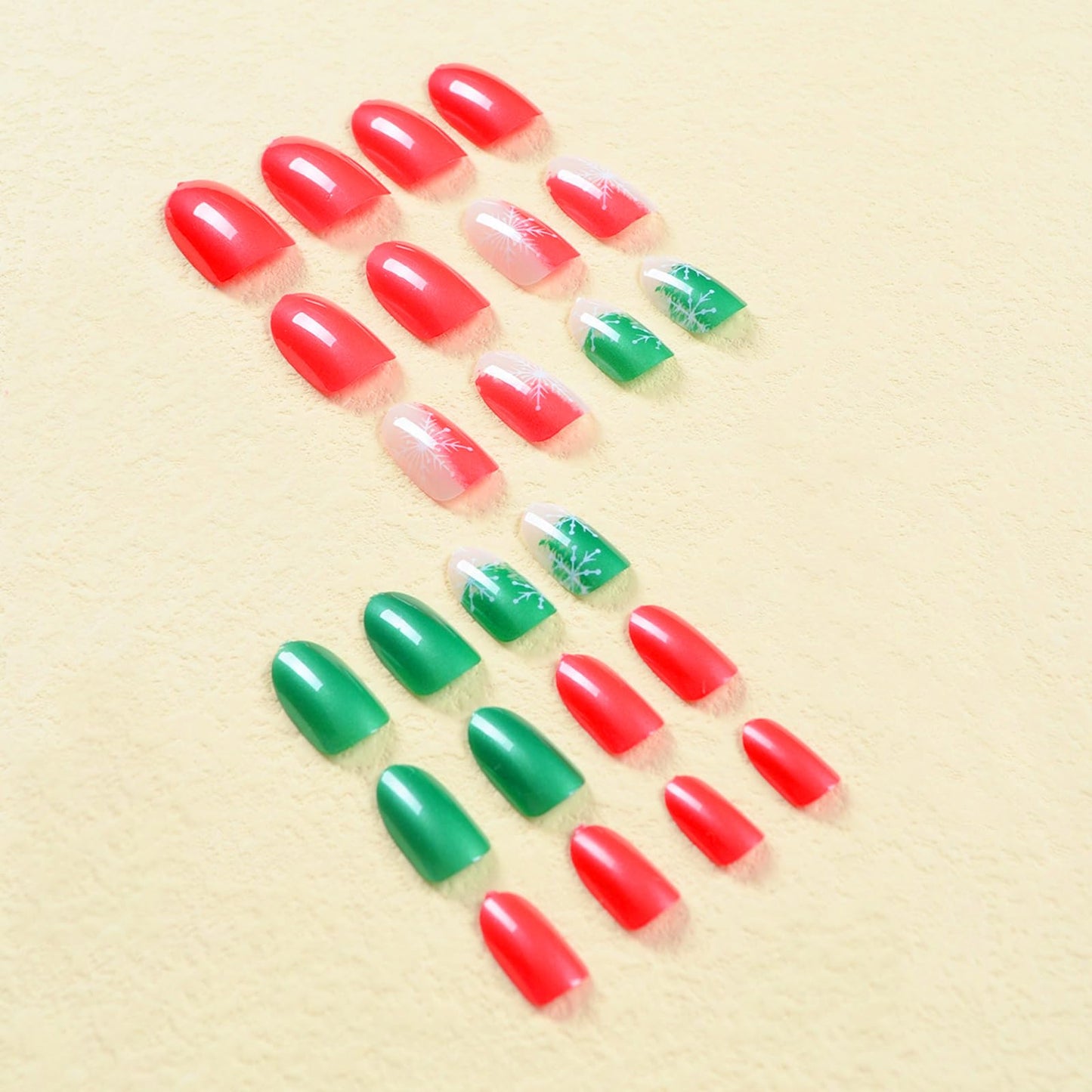 Christmas Nails Press on Nails Short Oval Fake Nails with Designs Snowflake Christmas Red and Green Glossy Full Cover Acrylic Almond False Nails Xmas Winter Glue on Nails for Women and Girls 24Pcs