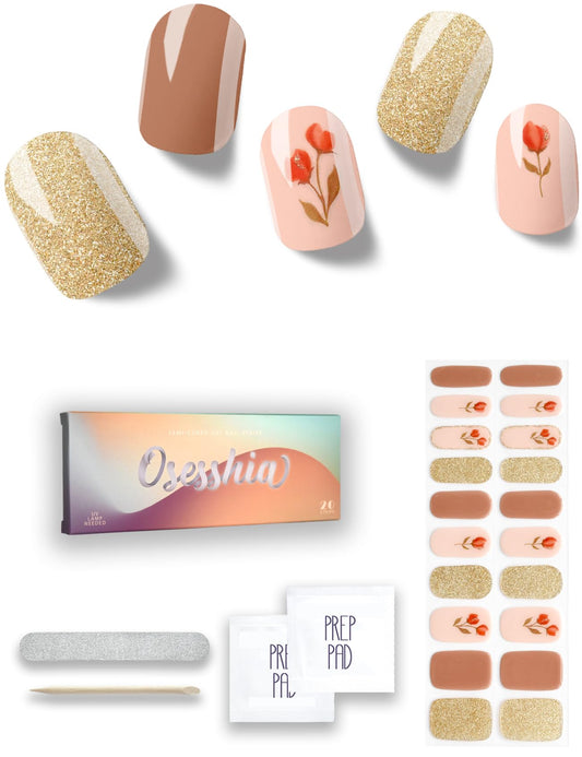 Osesshia Semi Cured Gel Nail Strips, 20 pcs Nail Wraps, Glaze Gel Nail Stickers, Salon Quality French Manicure, Full Decal Gel Polish Strips, Long Lasting SCG, Easy on, UV Required (Tulip Sunset)