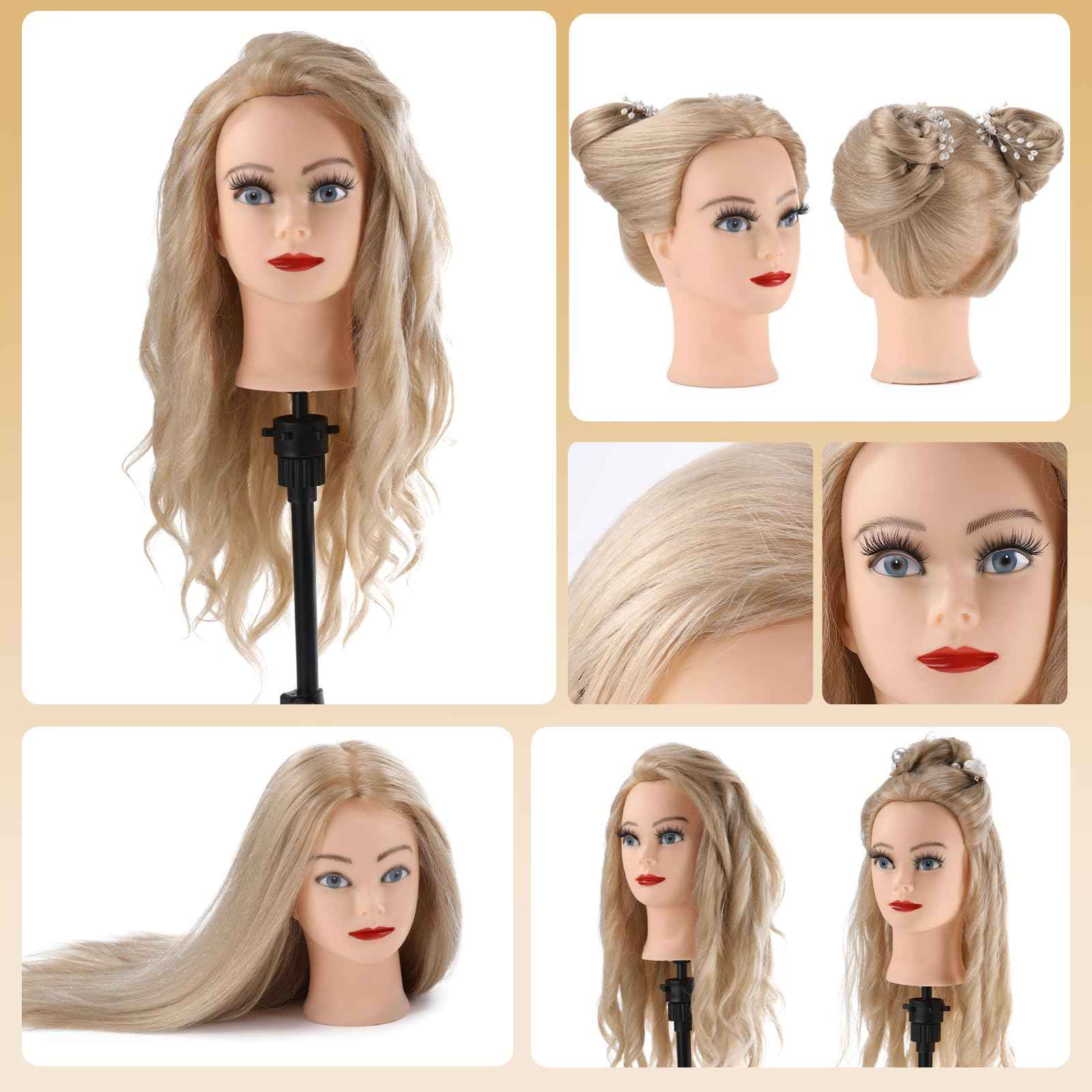 Mannequin Head Human Hair, 24”Mannequin Head with 70% Real Hair Mannequin Cosmetology Manikin Practice Doll Head for hair styling Braiding Hairdressing Head with Table Clamp + DIY Hair Styling Set