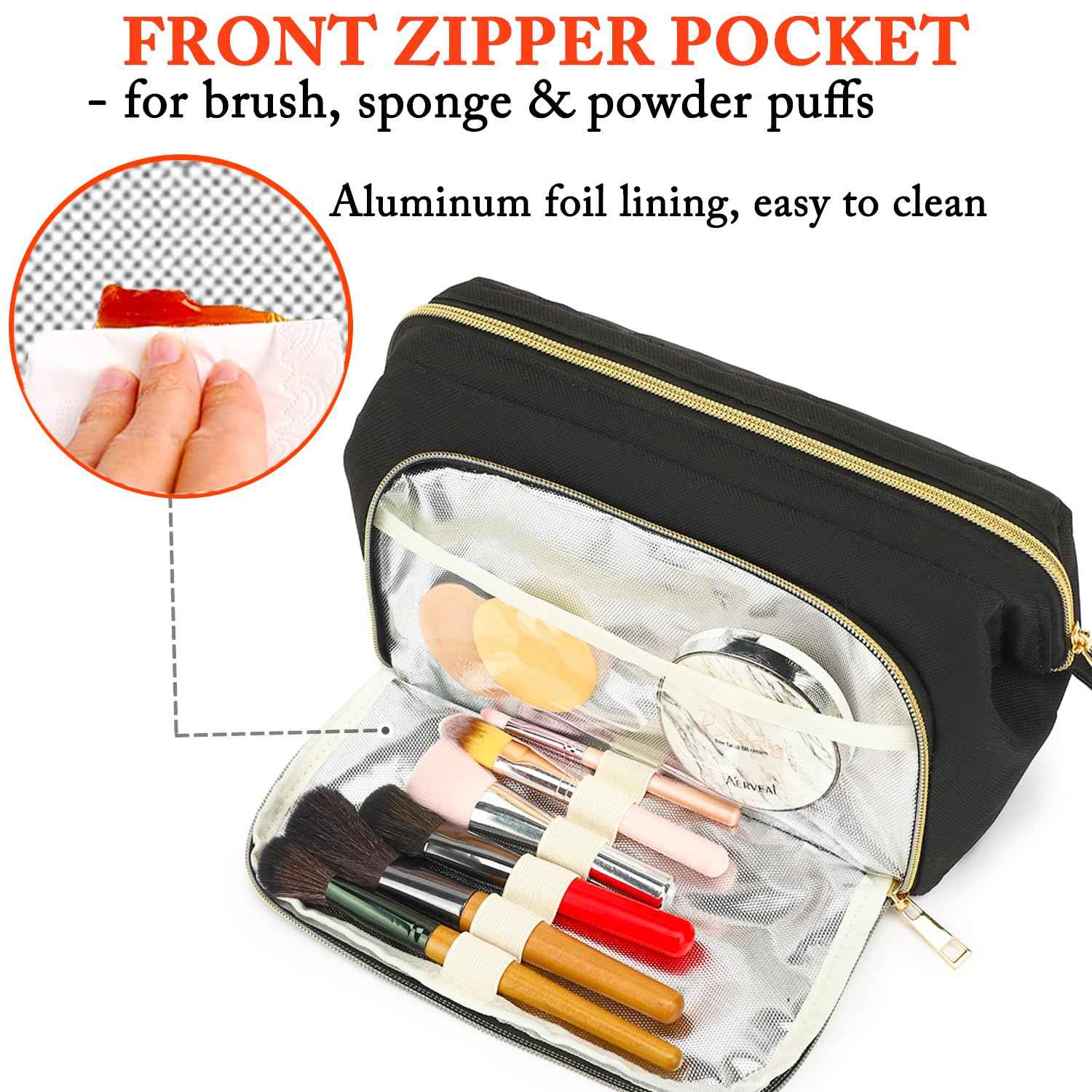 Fammart Travel Makeup Bag, Wide-open Cosmetic Bag Make Up Organizer Case with Brushes Pocket for Women, Large Family Toiletry Bag Skincare Pouch for Toiletries Accessories