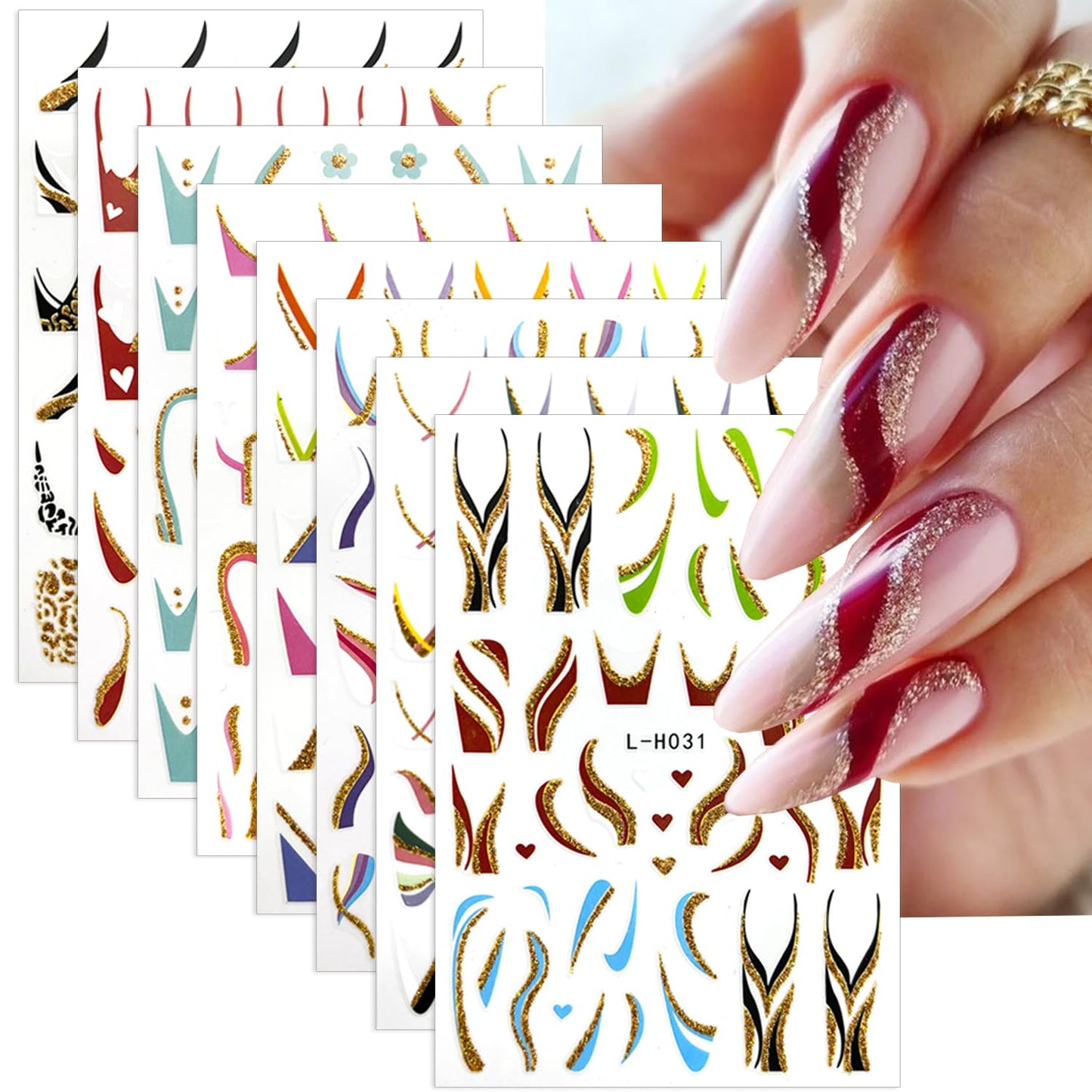 8 Sheets Shiny Line Nail Stickers for Nail Art, French Tip Nail Art Stickers 3D Glitter Wavy Stripe Nail Decals Gold Nail Tip V Shape Lines Nail Art Design Supplies for DIY Acrylic Manicure Decoration