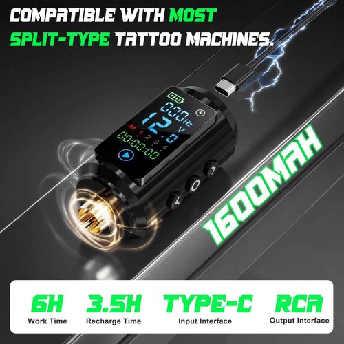 Neebol Wireless Tattoo Battery Pack – Rechargeable Cordless Tattoo Power Supply 1600mAh RCA Lithium Battery with LED Digital Display, 4 Memory Modes, One-Key Start for Tattoo Pen Rotary Machine 67M