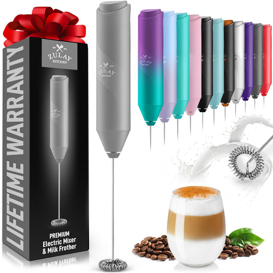 Zulay Kitchen Powerful Milk Frother Wand - Mini Milk Frother Handheld Stainless Steel - Battery Operated Drink Mixer for Coffee, Lattes, Cappuccino, Matcha - Froth Mate Milk Frother Gift - Gray