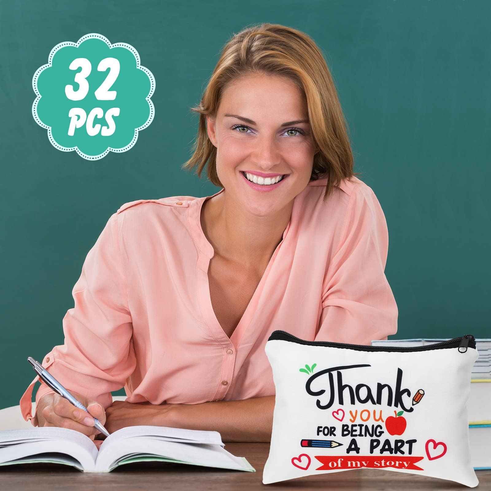 Hillban 32 Pieces Teacher Christmas Gifts Teacher Appreciation Gifts Women Cosmetic Makeup Bag Funny Pencil Pouch for Graduation Birthday Christmas(Cute)