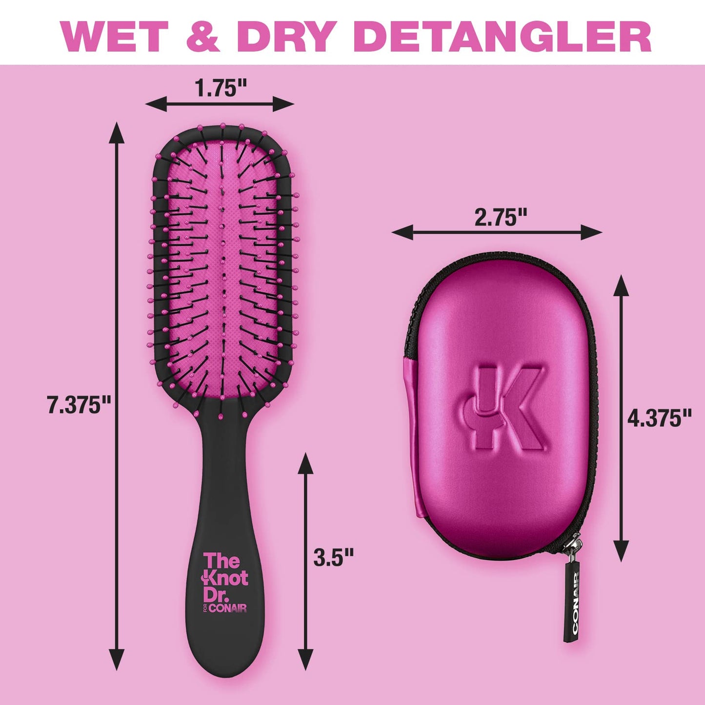 The Knot Dr. hair brush by Conair - Detangling hair brush - Travel Brush - wet brush - Removes Knots and Tangles in wet or dry hair- Pink