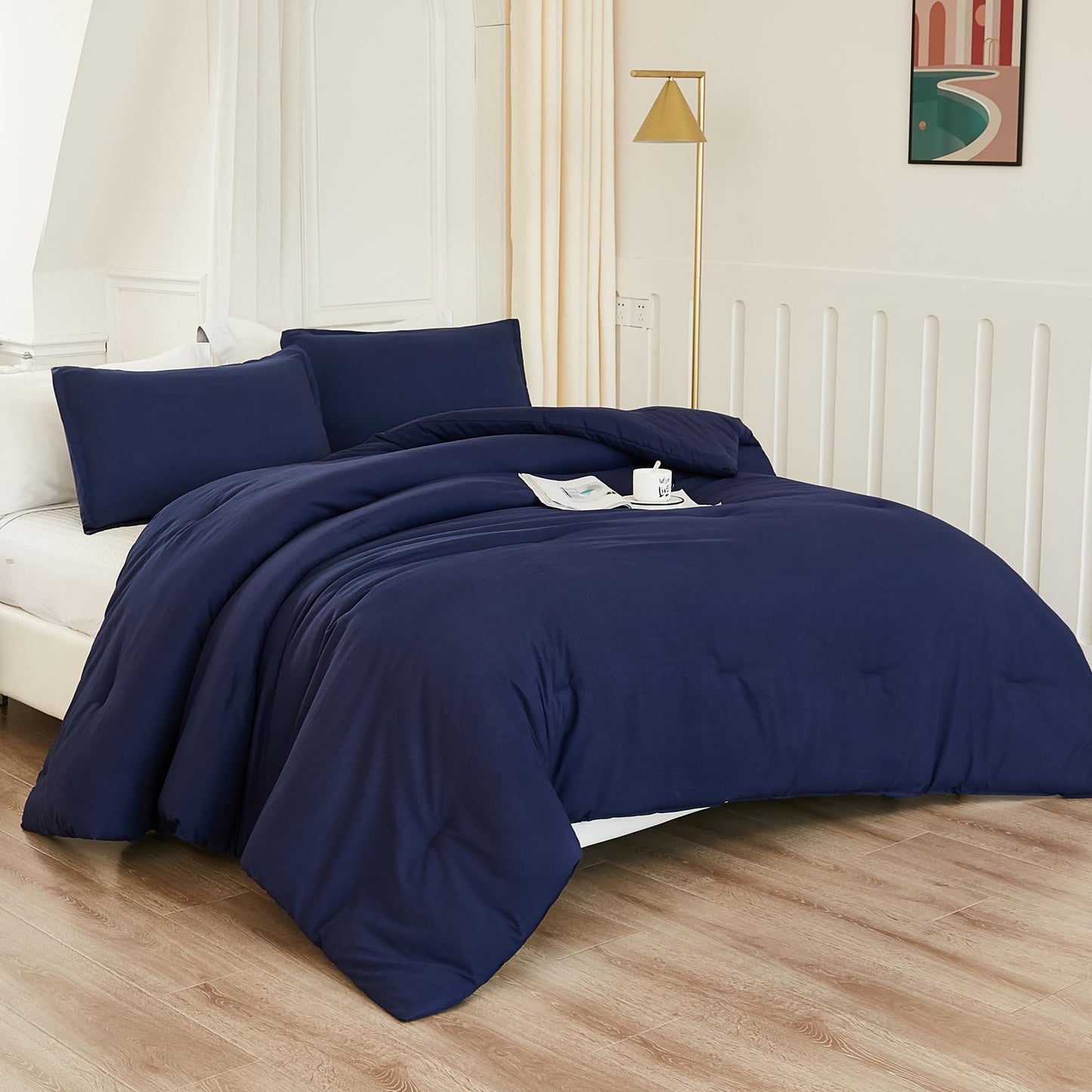 Litanika Navy Blue Twin/Twin XL Comforter Set, 2 Pieces Lightweight Solid Bedding Comforter Set, All Season Fluffy Bed Set (66x90In Comforter & 1 Pillowcase)