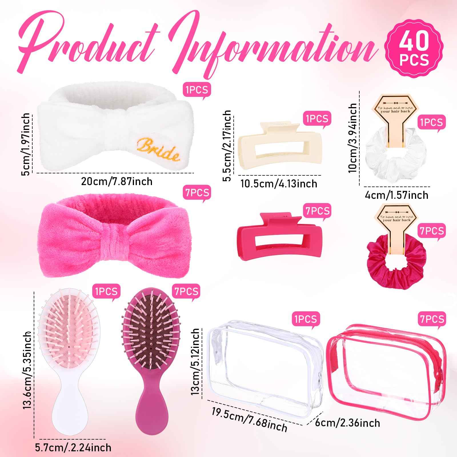 Wavyknot 40 Pcs Bachelorette Favor Set Include Headband Scrunchies Hair Claw Clips Hairbrush and Makeup Bag for Bridal Shower Party Gifts Bridesmaid Wedding Supplies(White and Rose Red)