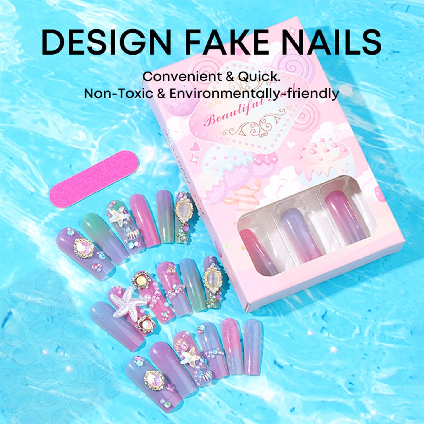 Tyuimhx Ocean Theme Press on Nails Square Long Fake Nails Summer Luxurious False Nails With 3D Starfish Seashells Rhinestones Pearls Designs Full Cover Stick on Nails Acrylic Artificial Nails 24Pcs