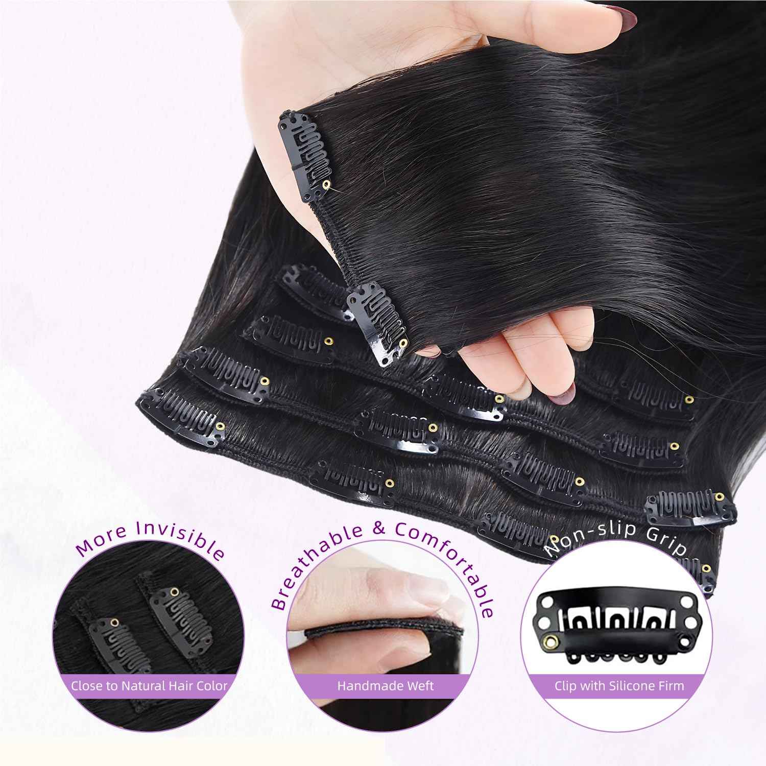 Nuzusa Clip in Hair Extensions Real Human Hair,100% Seamless Remy Human Hair Straight,Clip Extensions for Women, 8pcs Per Set with Double Weft,1B Natural Black,16inch 90g/3.2oz