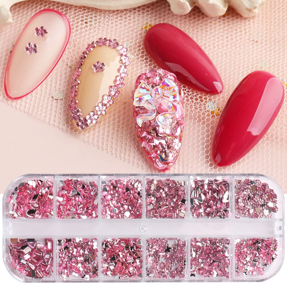 3D Pink Nail Art Rhinestones, Sparkly Nail Gems and Rhinestones Kit, Multi Shapes Crystal Pink Flatback Diamonds Rhinestones for Nails Design, Makeup, DIY Crafts, Jewels