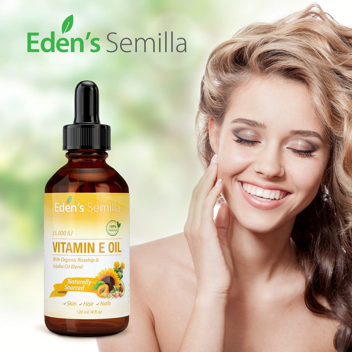 Eden's Semilla 100% Plant Extract Vitamin E Oil 35,000 IU + Organic Rosehip & Jojoba Blend - Fast Absorbing Skin Protection for Face & Body. Pure Ingredients - Ideal for Sensitive Skin - Use Daily