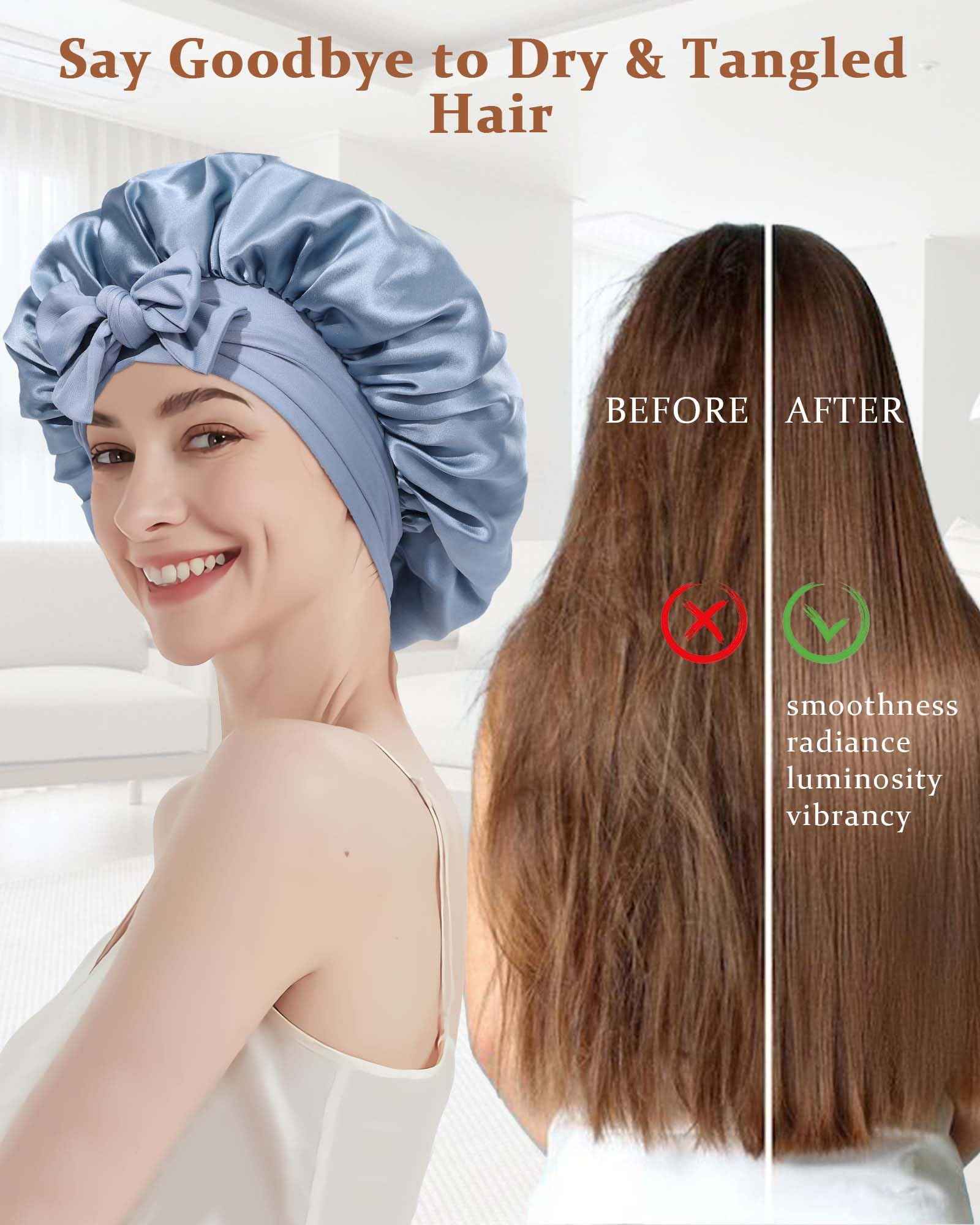 Ufgin 100% Mulberry Silk Bonnet for Sleeping Women Double Layer Silk Hair Bonnet Natural Silk Sleep Cap with Elastic Reversible Hair Wrap (Haze Blue + Sky Blue)