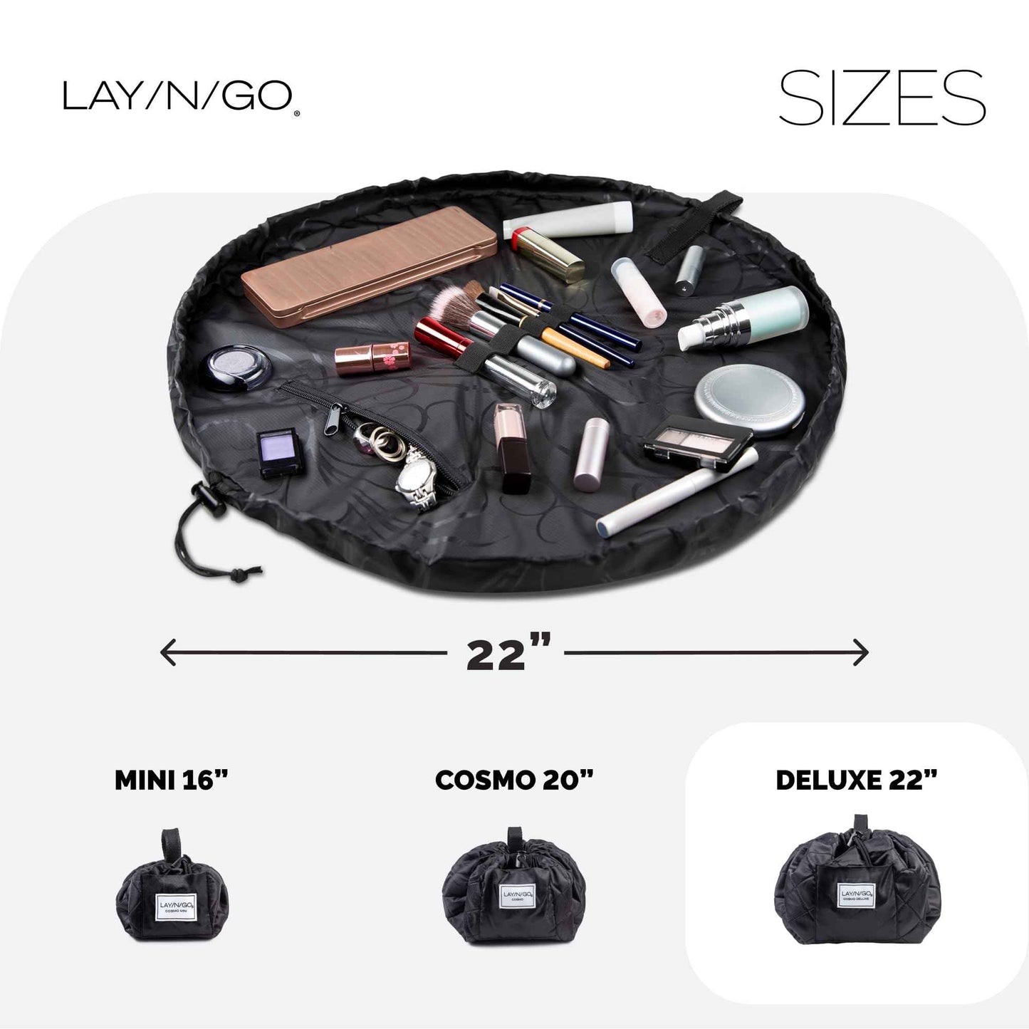 Lay-n-Go Cosmo Layflat Cosmetic & Makeup Bag Organizer - Portable Drawstring Bag w/Zipper Pocket, Brush Storage Loops & More - Durable, Machine Washable Toiletry Bag for Travel (22", Black)