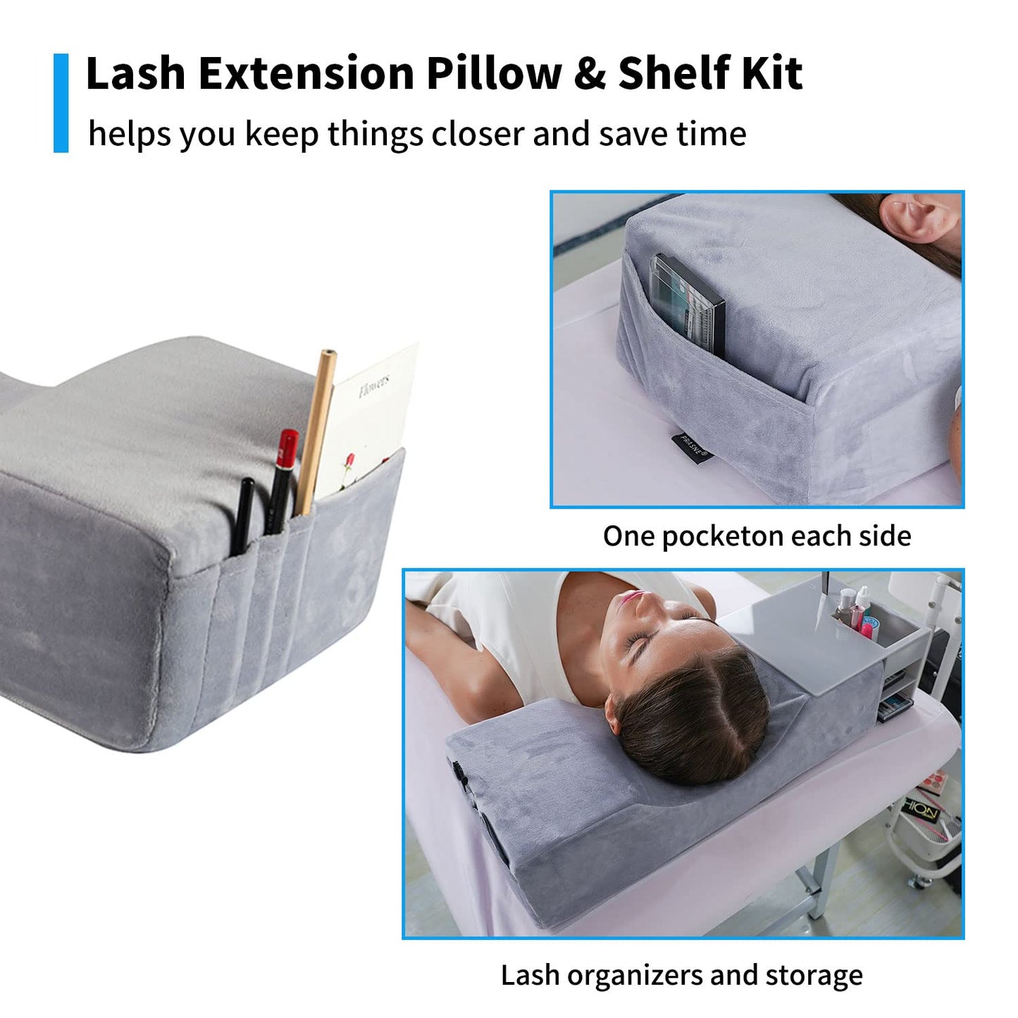 Eyelash Extension Neck Pillow With Acrylic Shelf Organizer Stand, Velvet Warm Lash Extension Grafting Pillow Makeup Tool Display Cabinet Shelves - Grey Shelf + Grey Pillow(Velvet Pillowcase Updated)