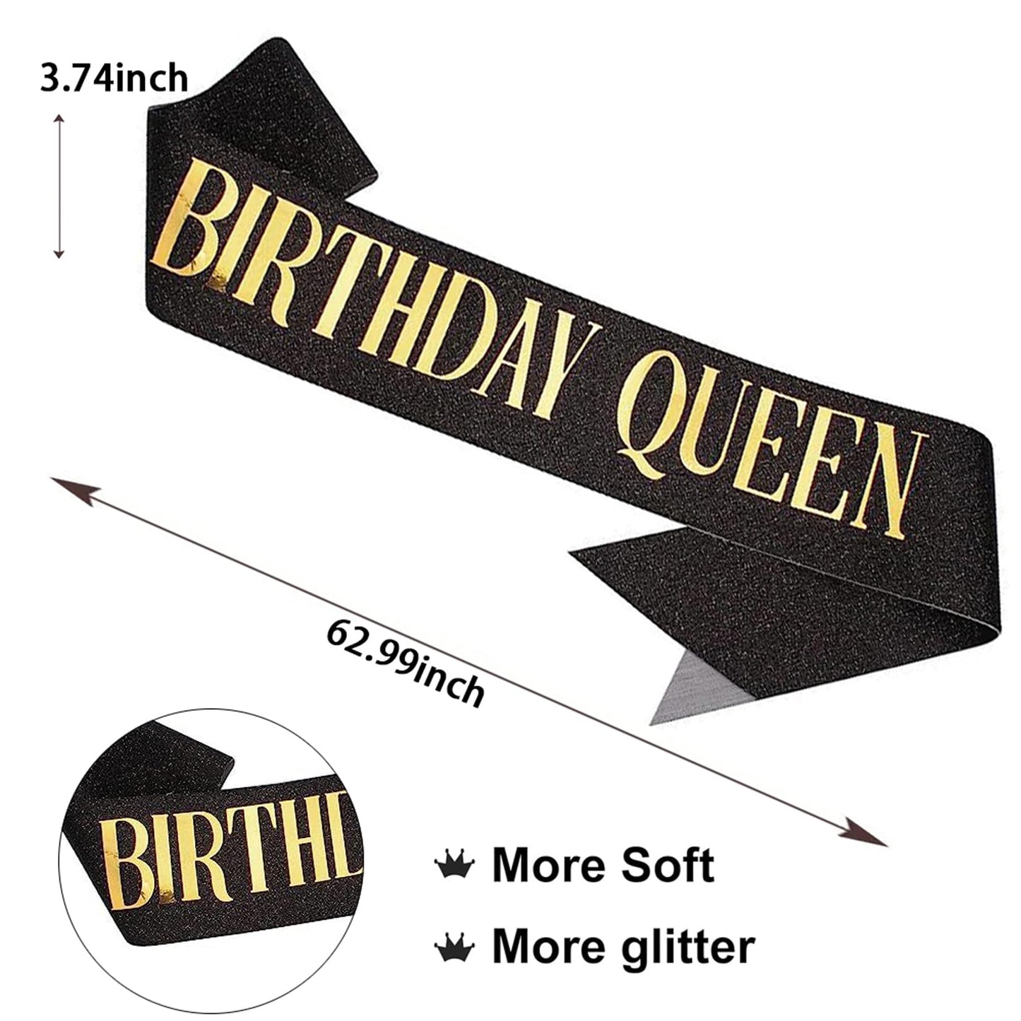 Birthday Queen Sash and Crystal Tiara Set Tiara and Crowns for Women Birthday Gift for Girl Kit Decorations Set Rhinestone Hair Accessories Glitter Stain Silk Sash for Party (Black Tiara + Black Sash)